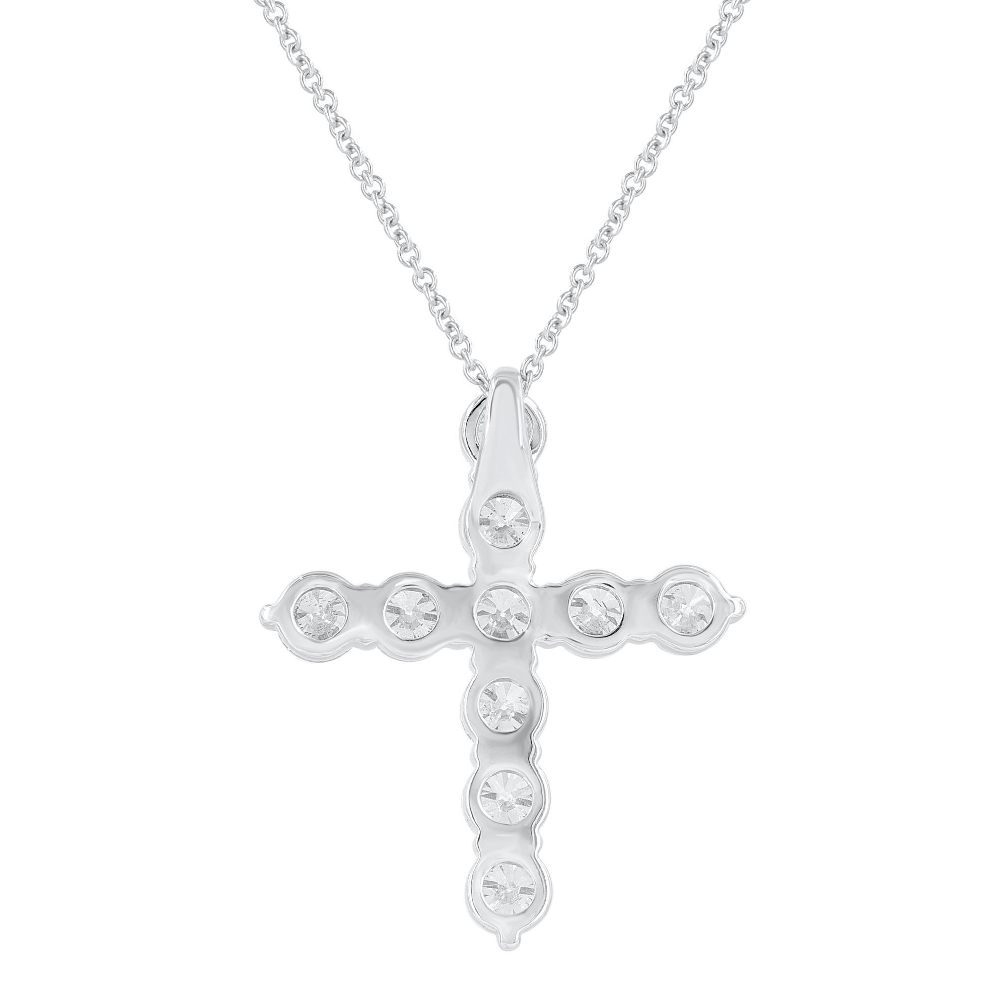Round Cut TJD 3.00 Carat Round Diamond 18 Karat White Gold Classic Cross Pendant Necklace For Sale