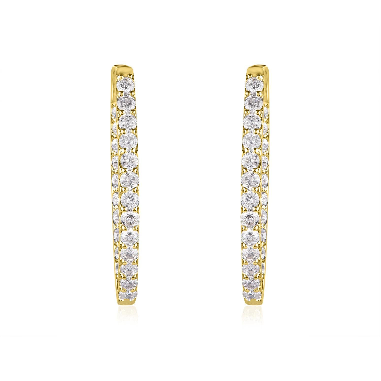 Every look benefits from the smooth shimmer of a pair of dazzling diamond hoop earrings. Hand-crafted by our inhouse experts in 18 karat yellow gold and captivates with 3.00 carat and studded with 46 round Brilliant Cut diamond set in prong setting,