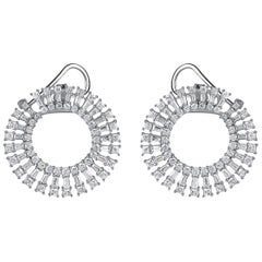 TJD 3.00 Carat Round & Baguette Diamond 14K White Gold Designer Circle Earrings