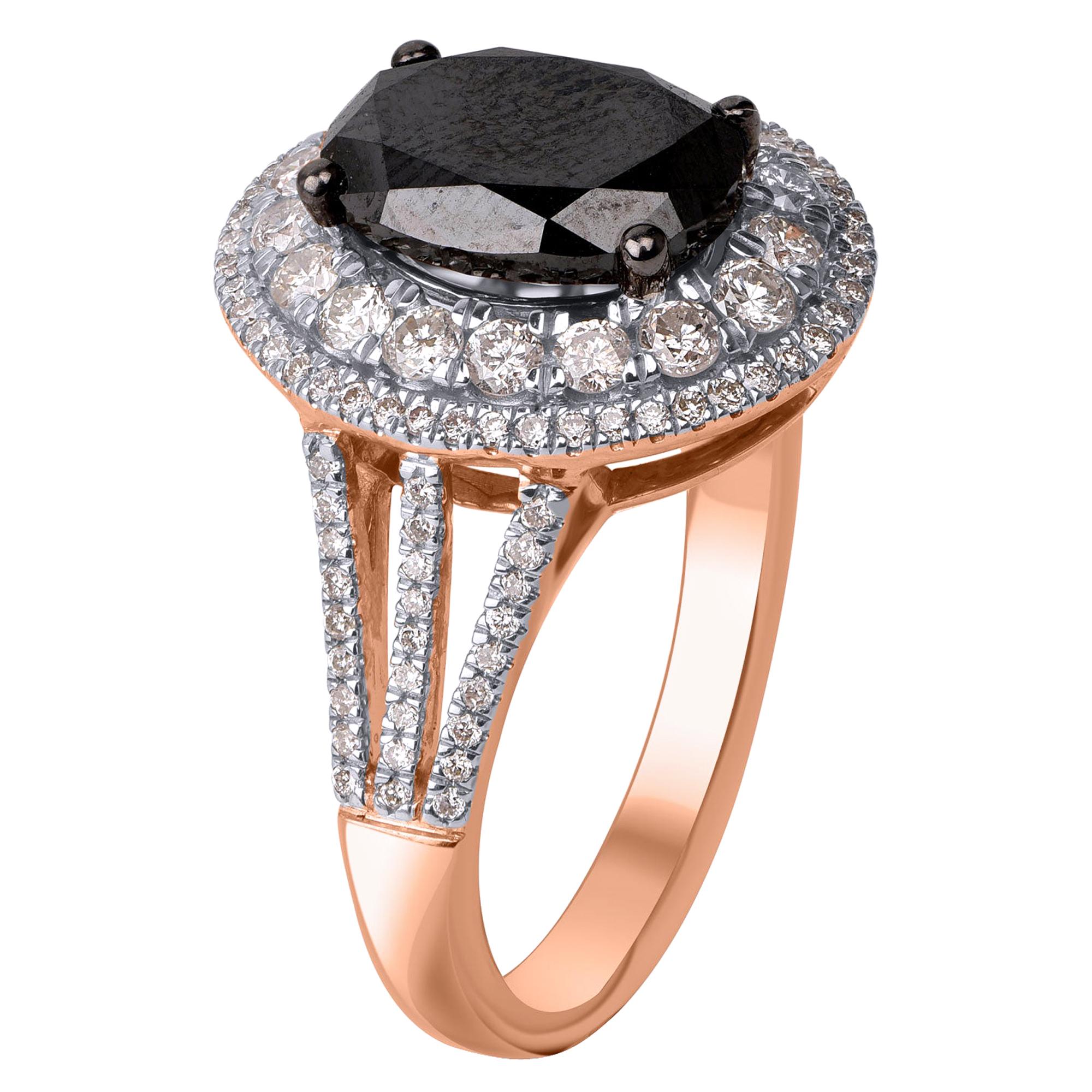 Elegantly designed by our skillful artisans in 14 KT rose gold and studded with 119 brilliant and 1 black diamond in prong setting. Diamonds are graded  HI color, I2 clarity. An updated take on a classic, this sparkling diamond engagement ring is