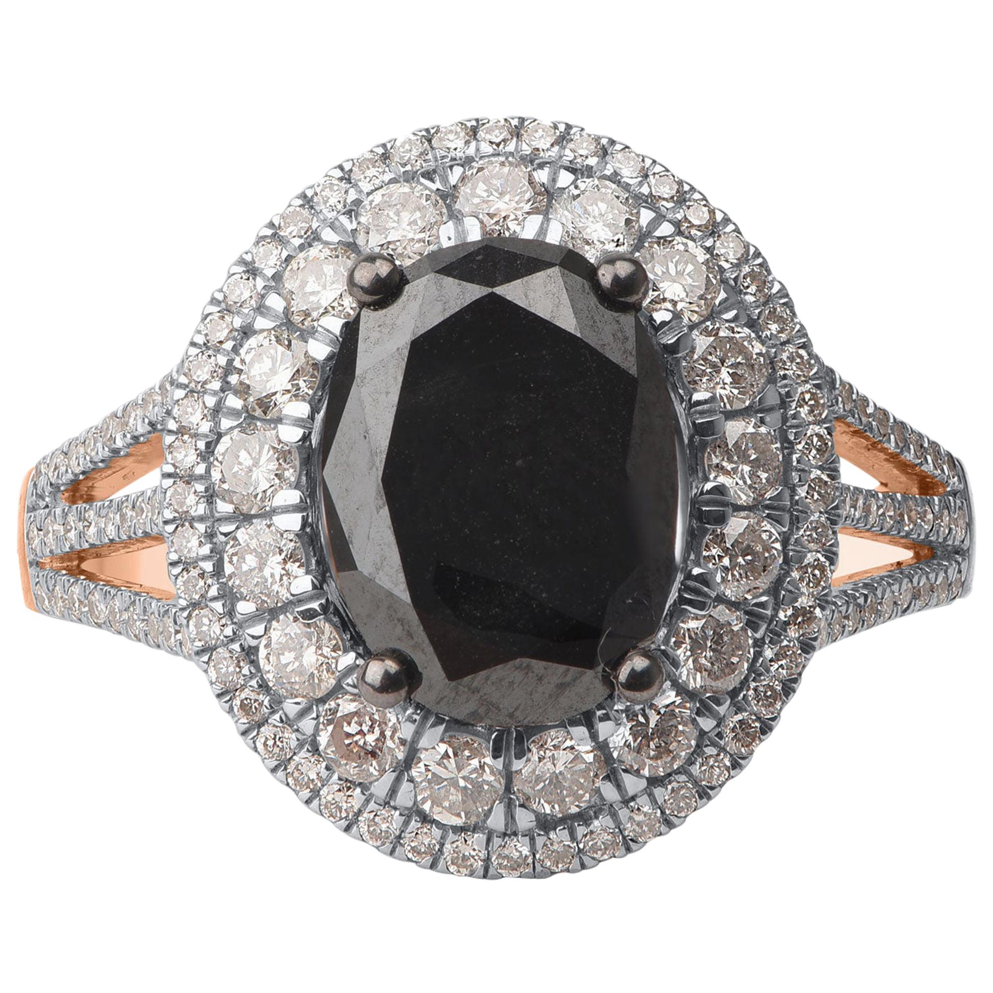 TJD 3 1/2 Carat White and Treated Black Diamond 14 Karat Rose Gold Oval Ring For Sale