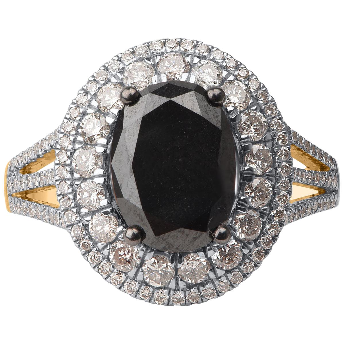 TJD 3 1/2 Carat White and Treated Black Diamond 14 Karat Yellow Gold Oval Ring For Sale