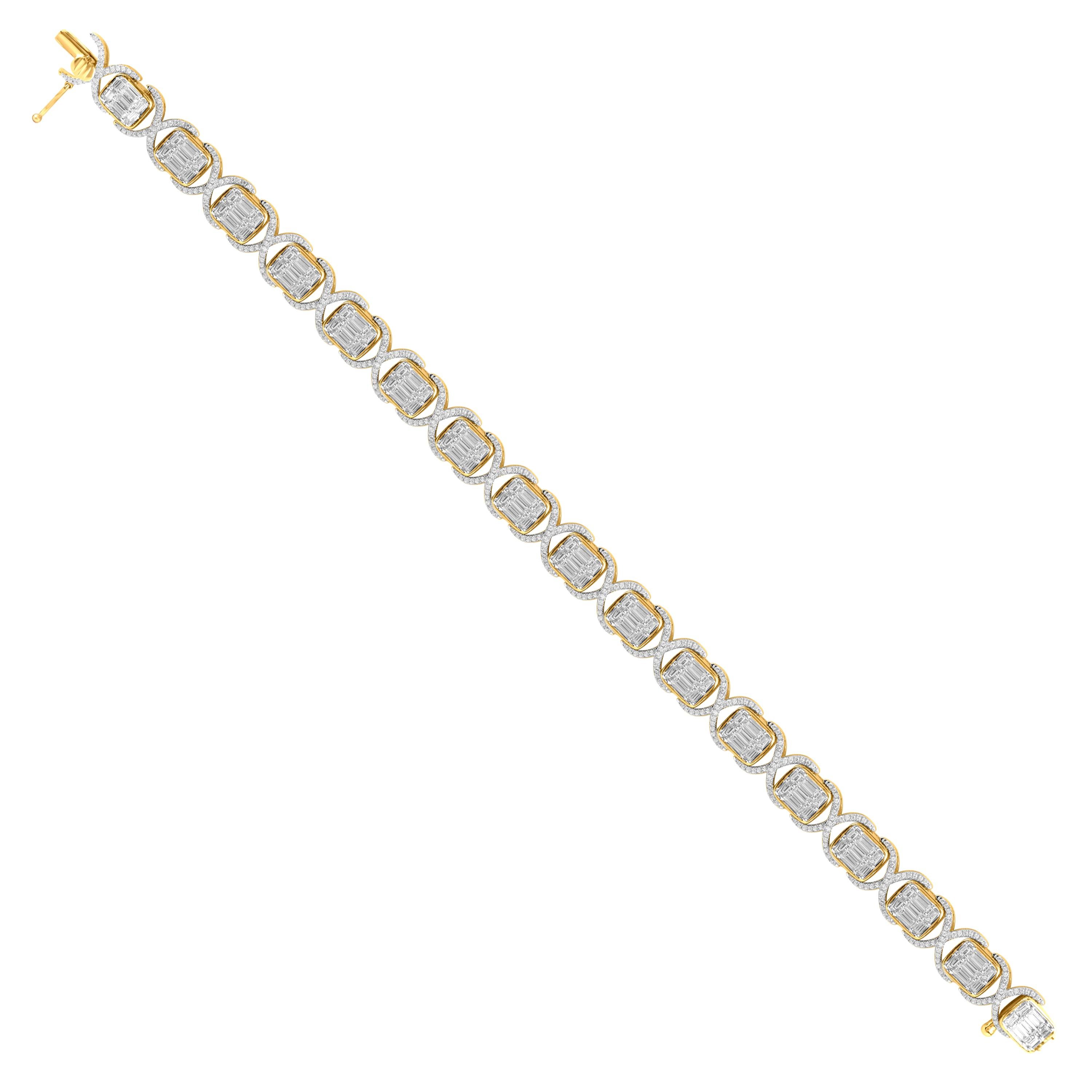 TJD 3.50 Carat Round and Baguette Diamond 14K Yellow Gold Interlinked X Bracelet For Sale