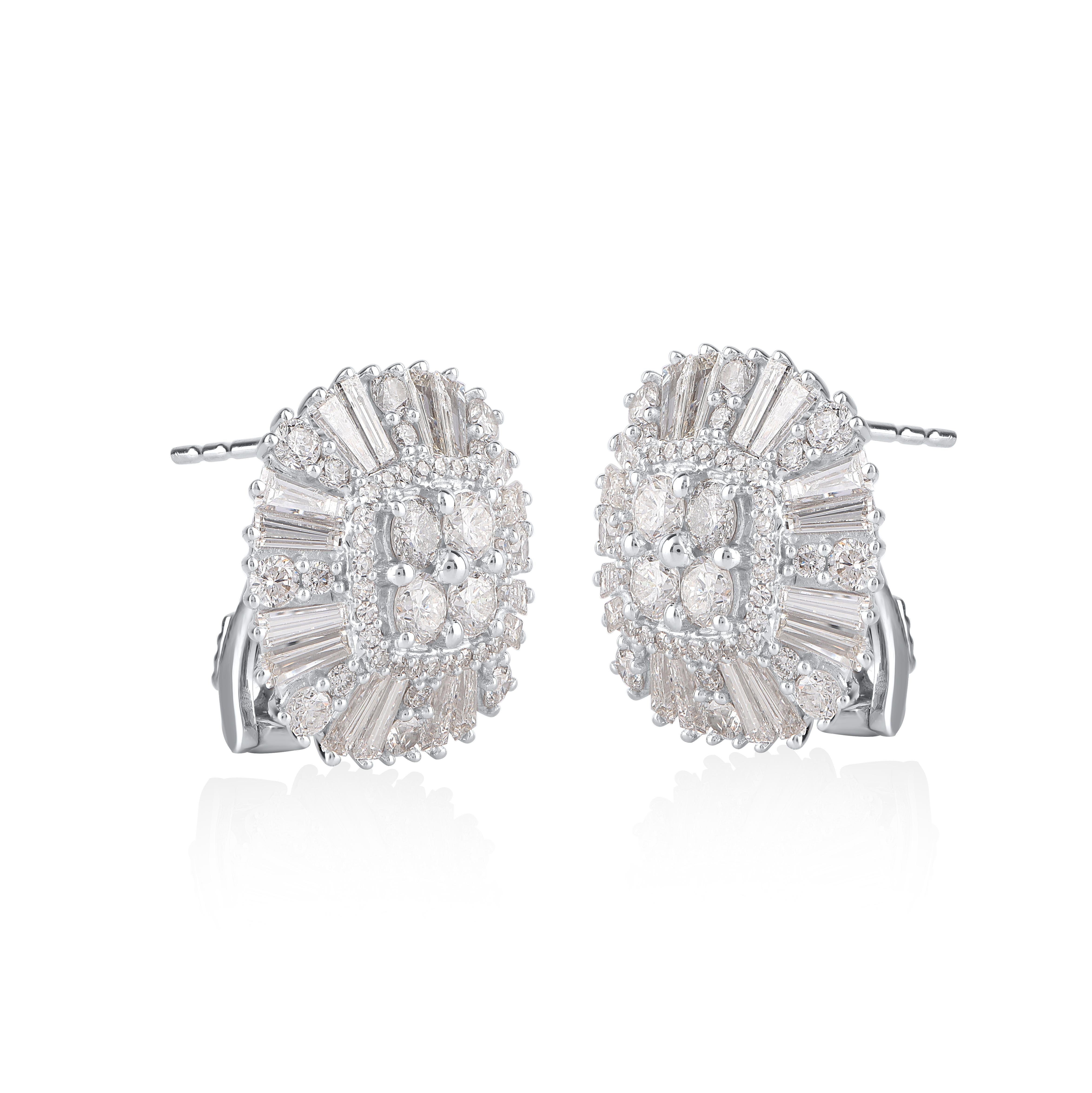 The perfect complement to her classic style, this diamond cushion stud earrings shines with your happily ever after.These earrings feature clusters of dazzling 32 baguette and 96 round diamond set in prong and channel setting.These timeless stud