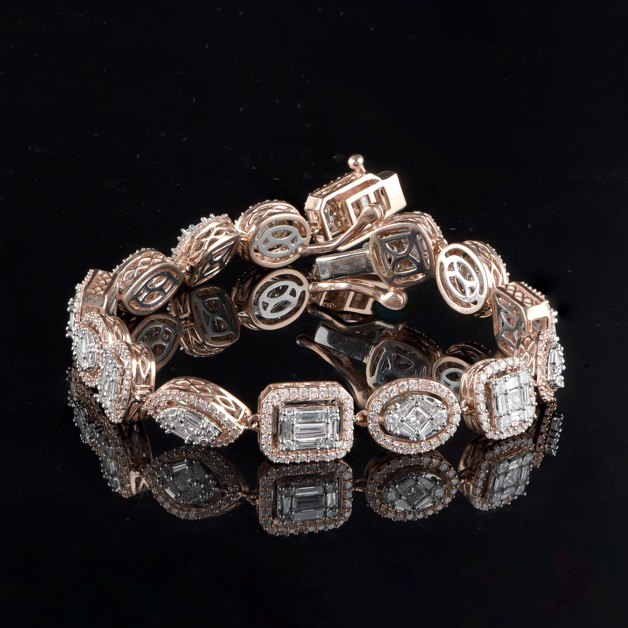 A beautiful fusion of diamonds and gold! This bracelet is studded with 27 princess, 64 baguette and 390 brilliant-cut diamonds elegantly set in prong setting and designed in 14 karat rose gold. The diamonds are graded as H-I Color, I2 Clarity. 
