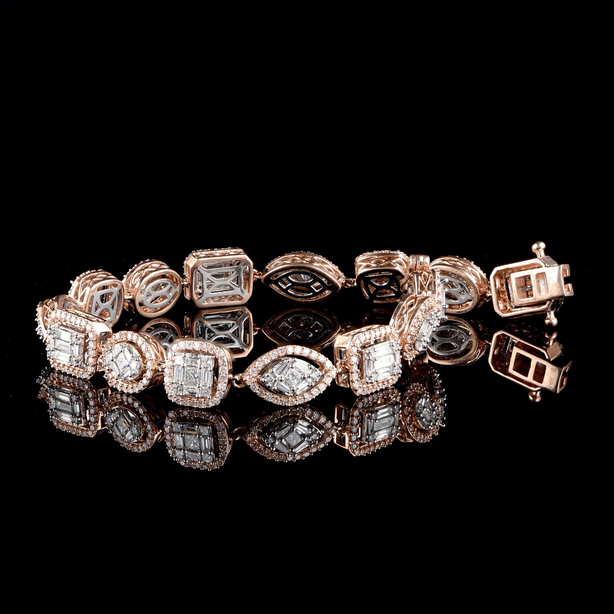 Contemporary TJD 4.0 CTW Round, Baguette and Princess Diamond 14KT Rose Gold Mosaic Bracelet For Sale