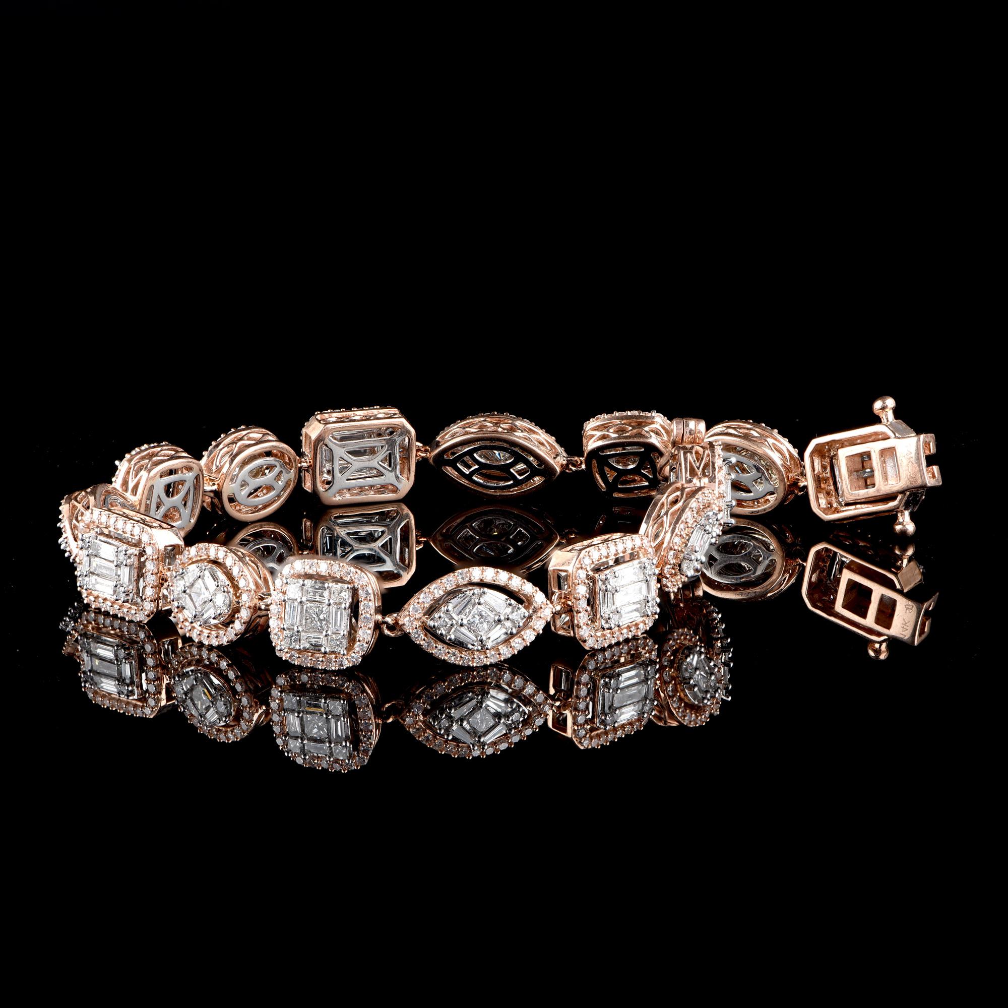 Contemporary TJD 4.0 CTW Round Baguette and Princess Diamond 18 K Rose Gold Mosaic Bracelet For Sale