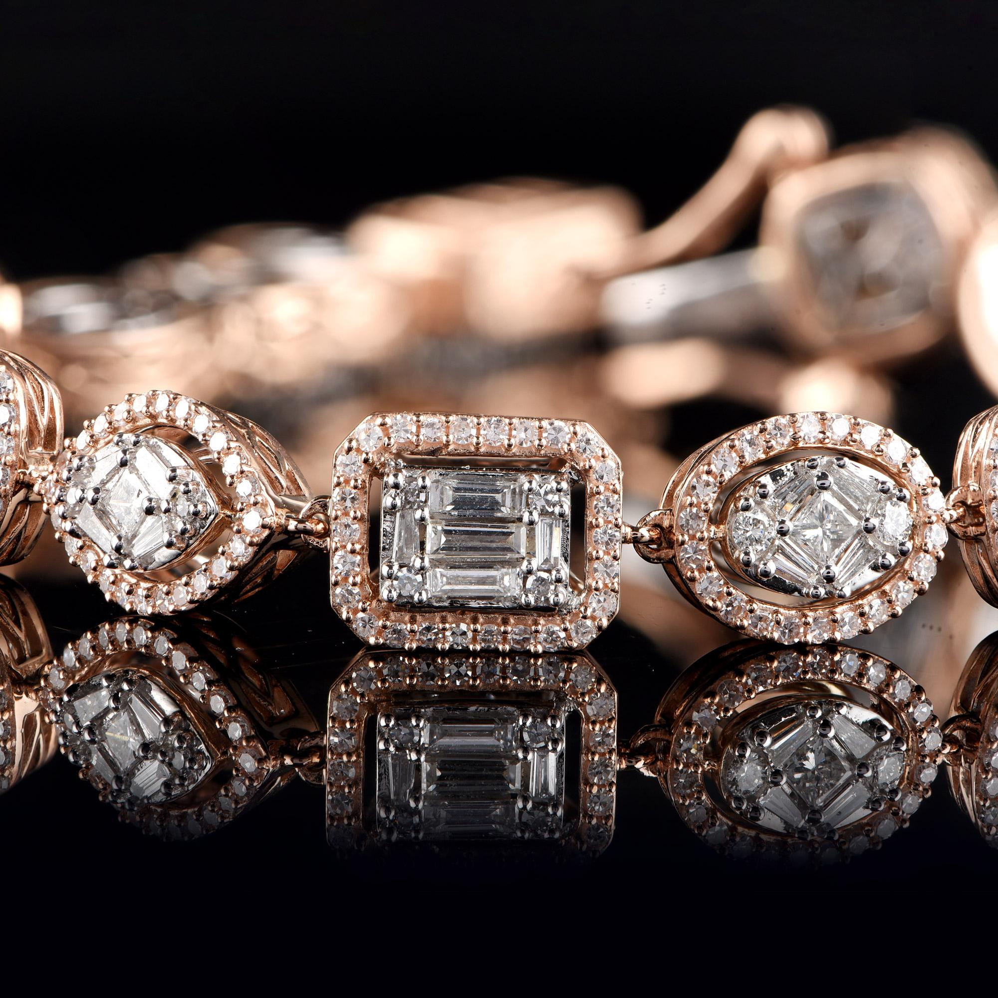Round Cut TJD 4.0 CTW Round Baguette and Princess Diamond 18 K Rose Gold Mosaic Bracelet For Sale