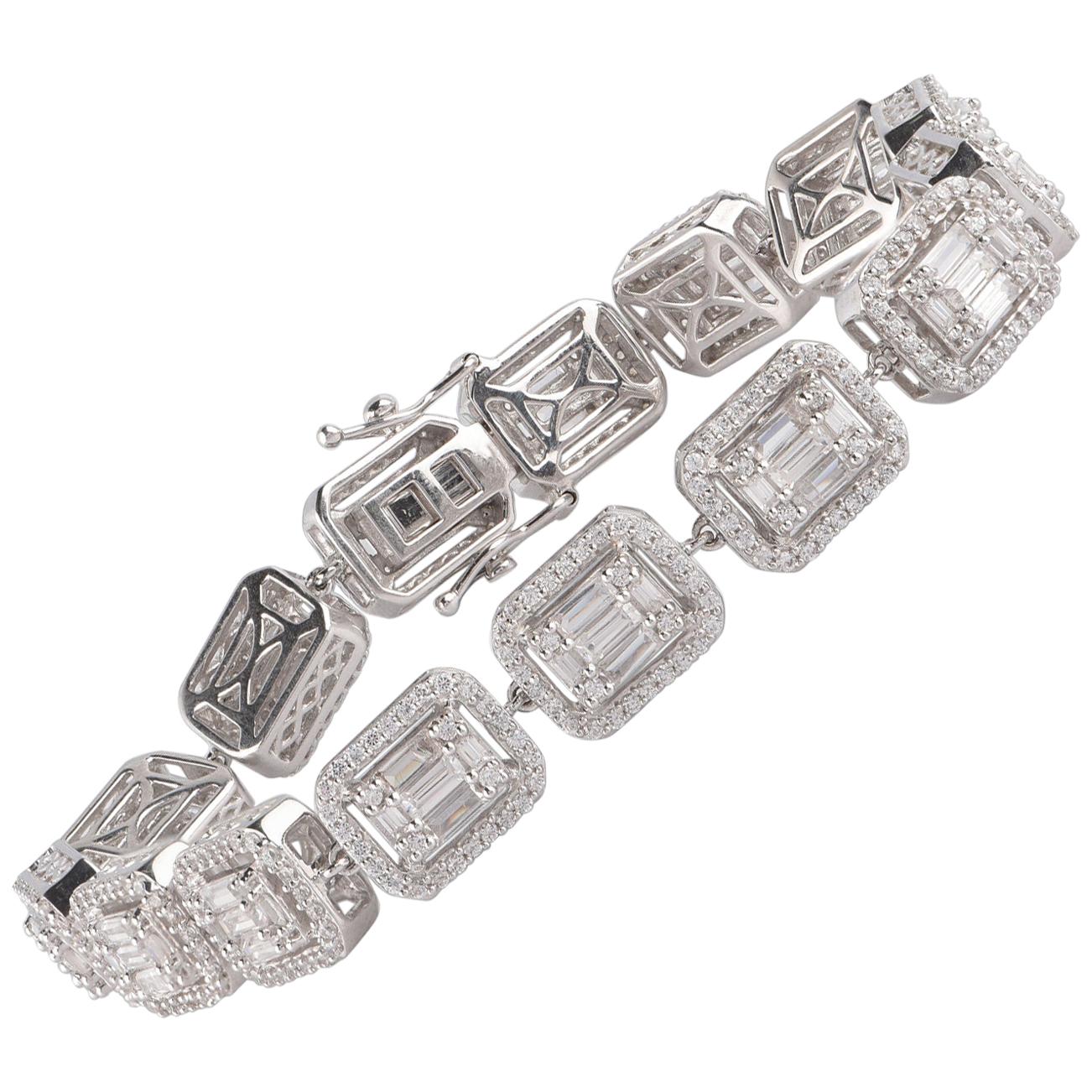 TJD 4.00Carat Round and Baguette Cut Diamond 18 Karat White Gold Mosaic Bracelet For Sale