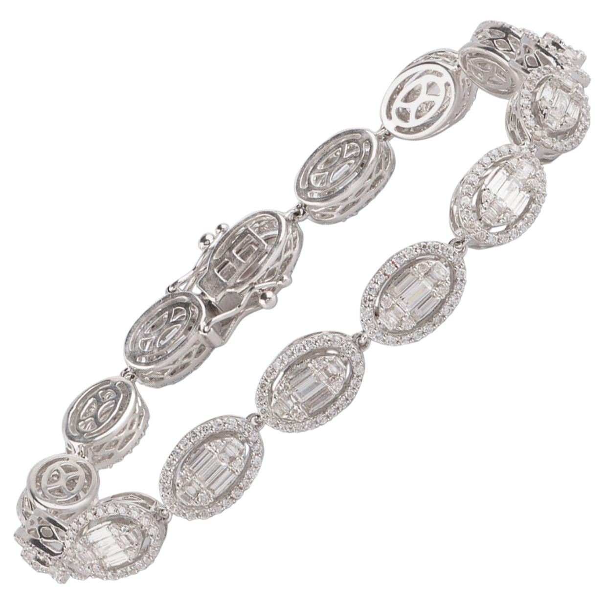 TJD Bracelet de forme ovale en or blanc 18 carats avec diamants taille ronde et baguette de 4 carats