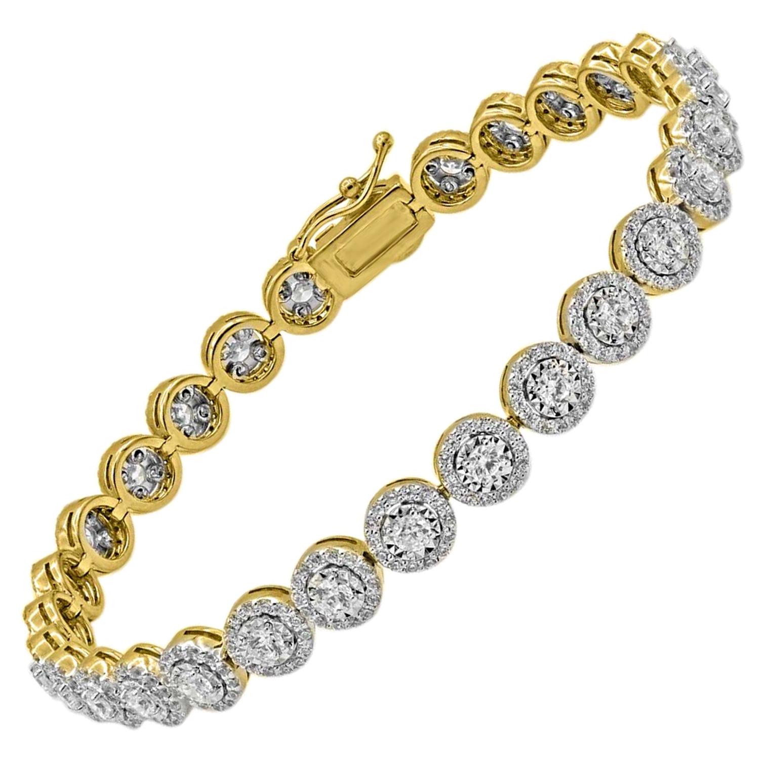 TJD 4.00 Carat Round Diamond 14 Karat Yellow Gold Halo Cluster Tennis Bracelet For Sale
