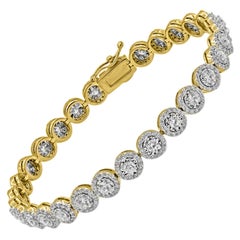 TJD 4.00 Carat Round Diamond 14 Karat Yellow Gold Halo Cluster Tennis Bracelet