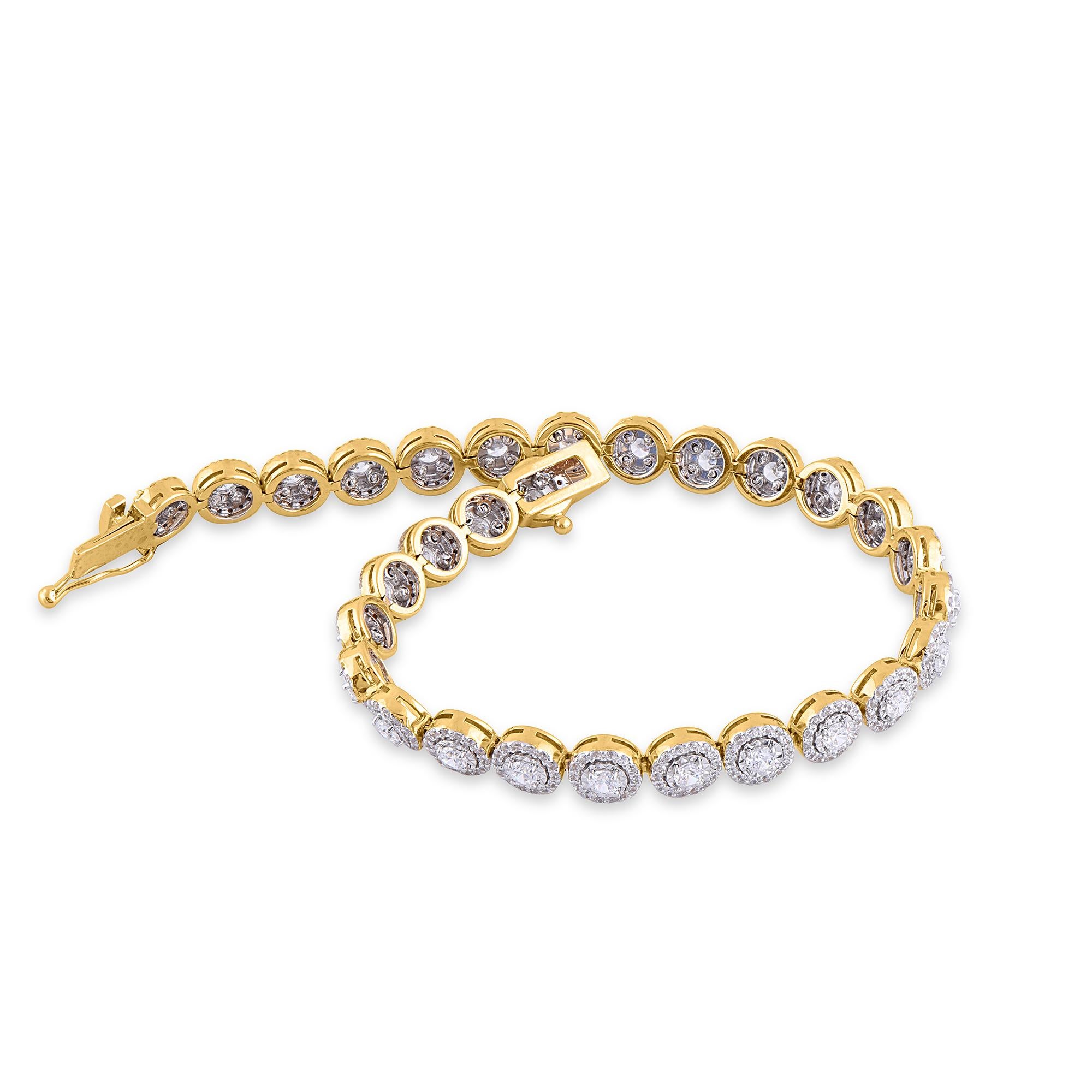 Simply stunning, this diamond tennis bracelet adds easy elegance to your casual or dressy attire. Crafted in cool 14 Karat yellow gold and embellished with 435 round brilliant-cut natural diamond in prong setting. The total diamond weight is 4.00