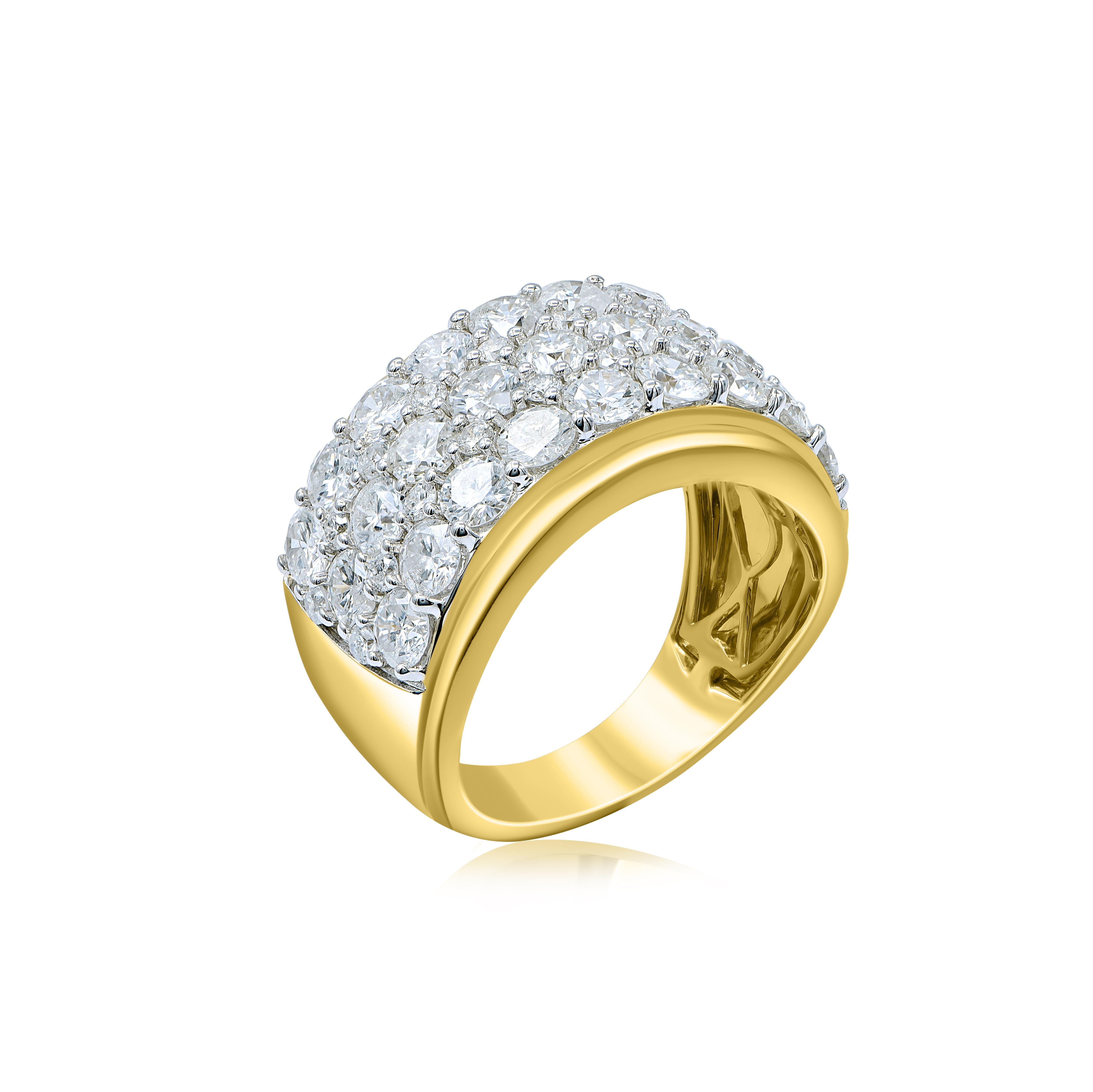 Breath-taking bridal multi row band is embellished with 47 round-cut diamond in prong setting, diamond grading is H-I Color, I3 Clarity. This timeless design made by skillful craftsman in 14 KT yellow gold. Comes along with certificate of