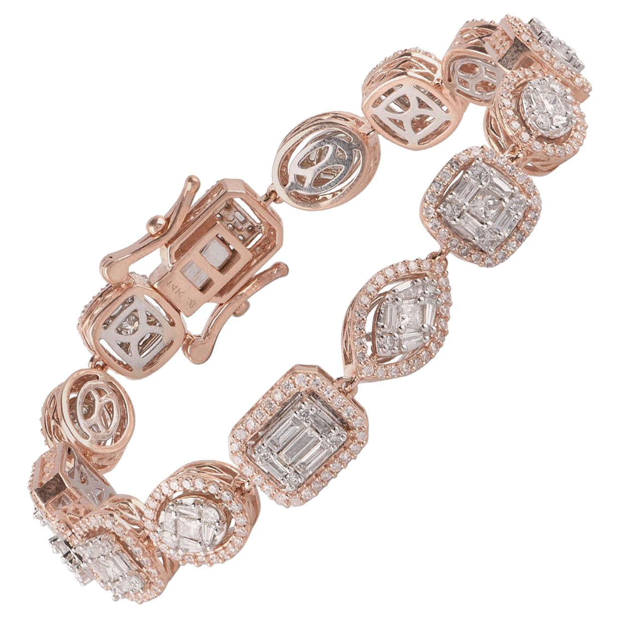 TJD Bracelet en mosaïque d'or rose 18 carats avec diamants ronds baguettes et princesse de 4,00 carats poids total