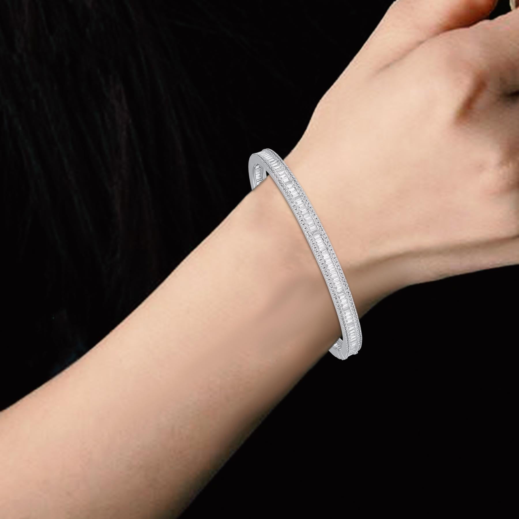 Baguette Cut TJD 4.50 CT Natural Round & Baguette Diamond Bangle Bracelet in 18KT White Gold For Sale