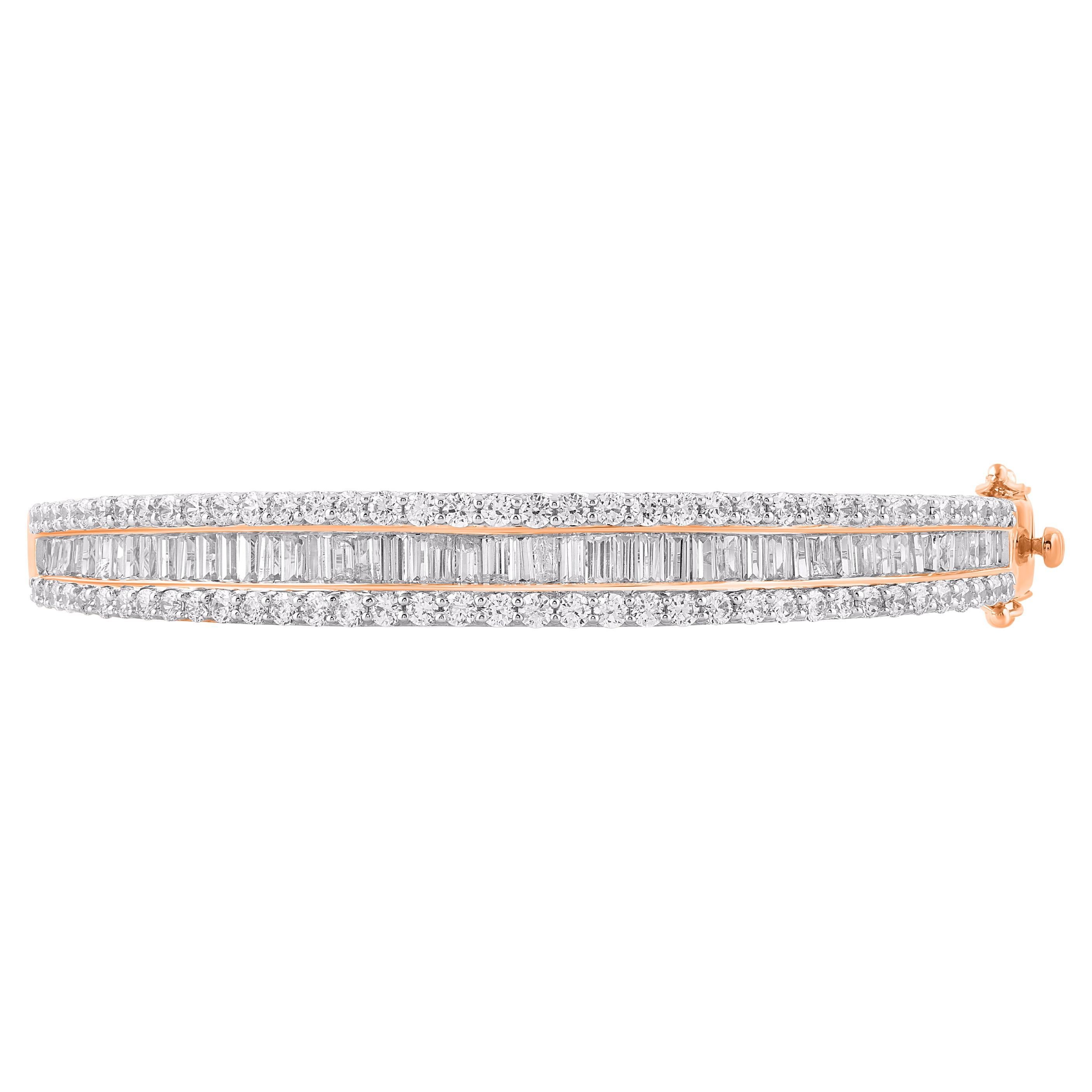 TJD 5 Carat Natural Round & Baguette Diamond Bangle Bracelet in 18KT Yellow Gold