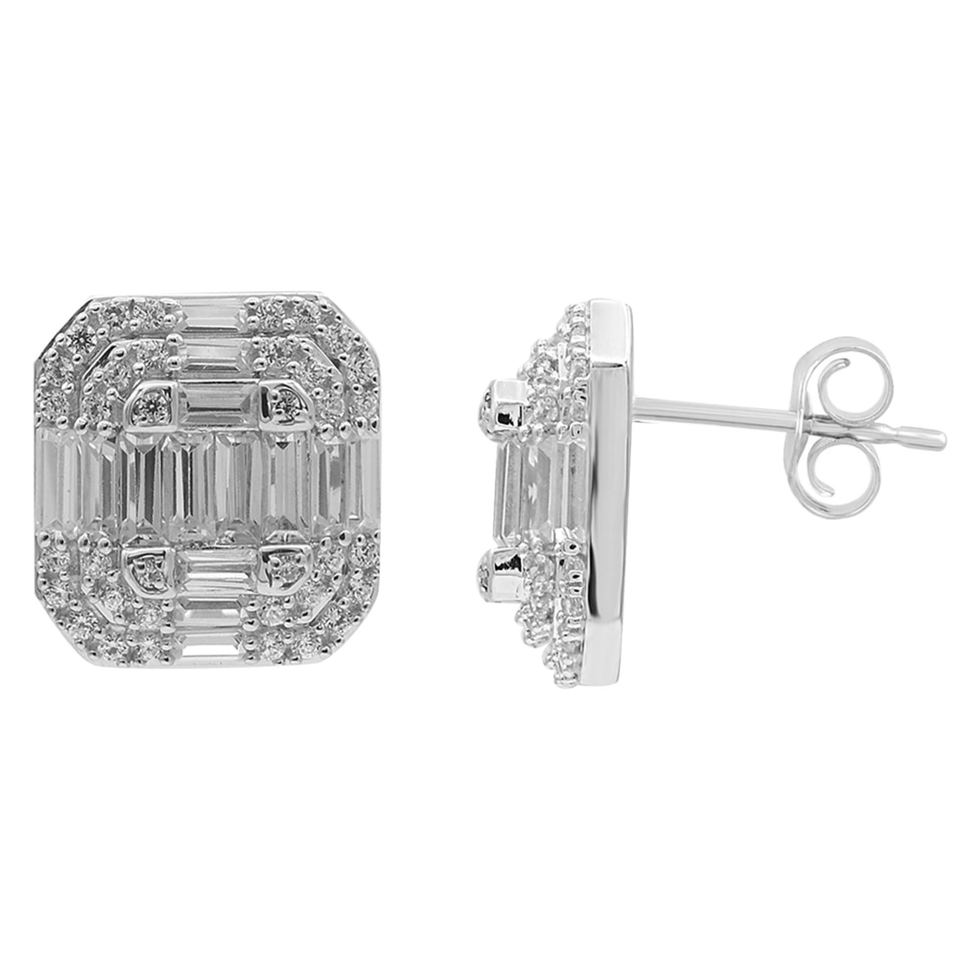 TJD 1.50 Carat Round & Baguette Diamond 14Karat White Gold Cluster Stud Earrings For Sale