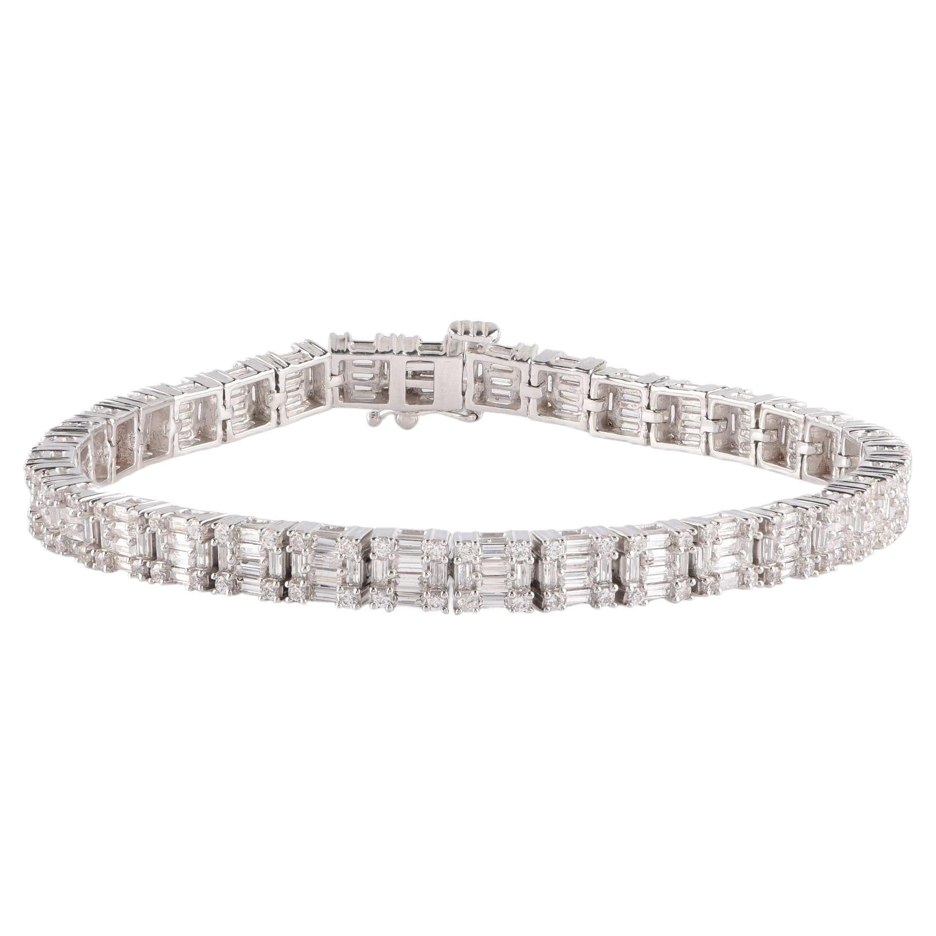 Bracelet de mariage en or blanc 14 carats avec diamants ronds et baguettes de 5,0 carats TJD en vente