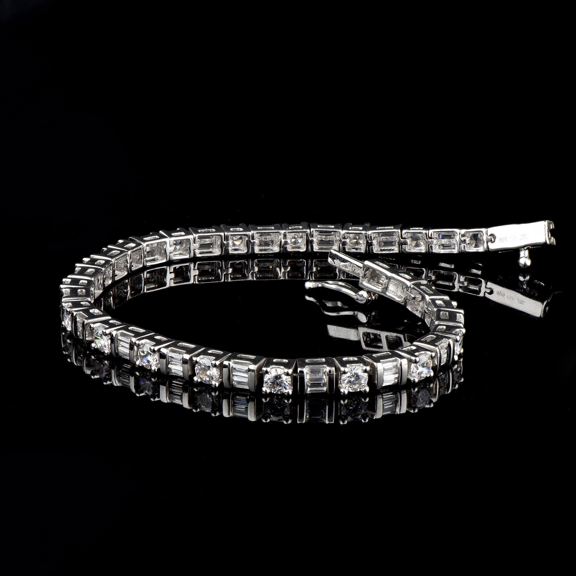 Round Cut TJD 5.0 Carat Round & Baguette Alternate Diamond 14K White Gold Tennis Bracelet For Sale