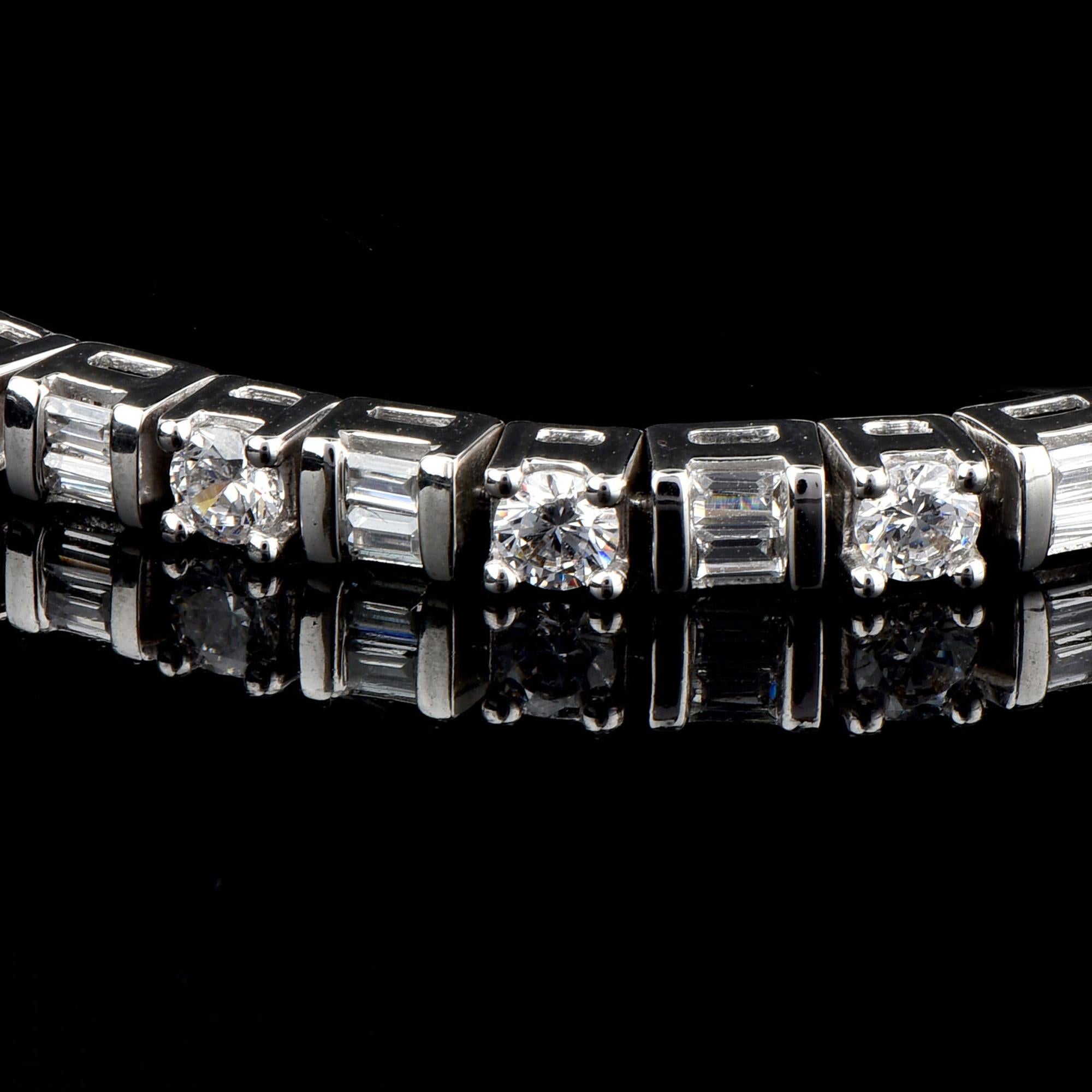 Women's TJD 5.0 Carat Round & Baguette Alternate Diamond 14K White Gold Tennis Bracelet For Sale