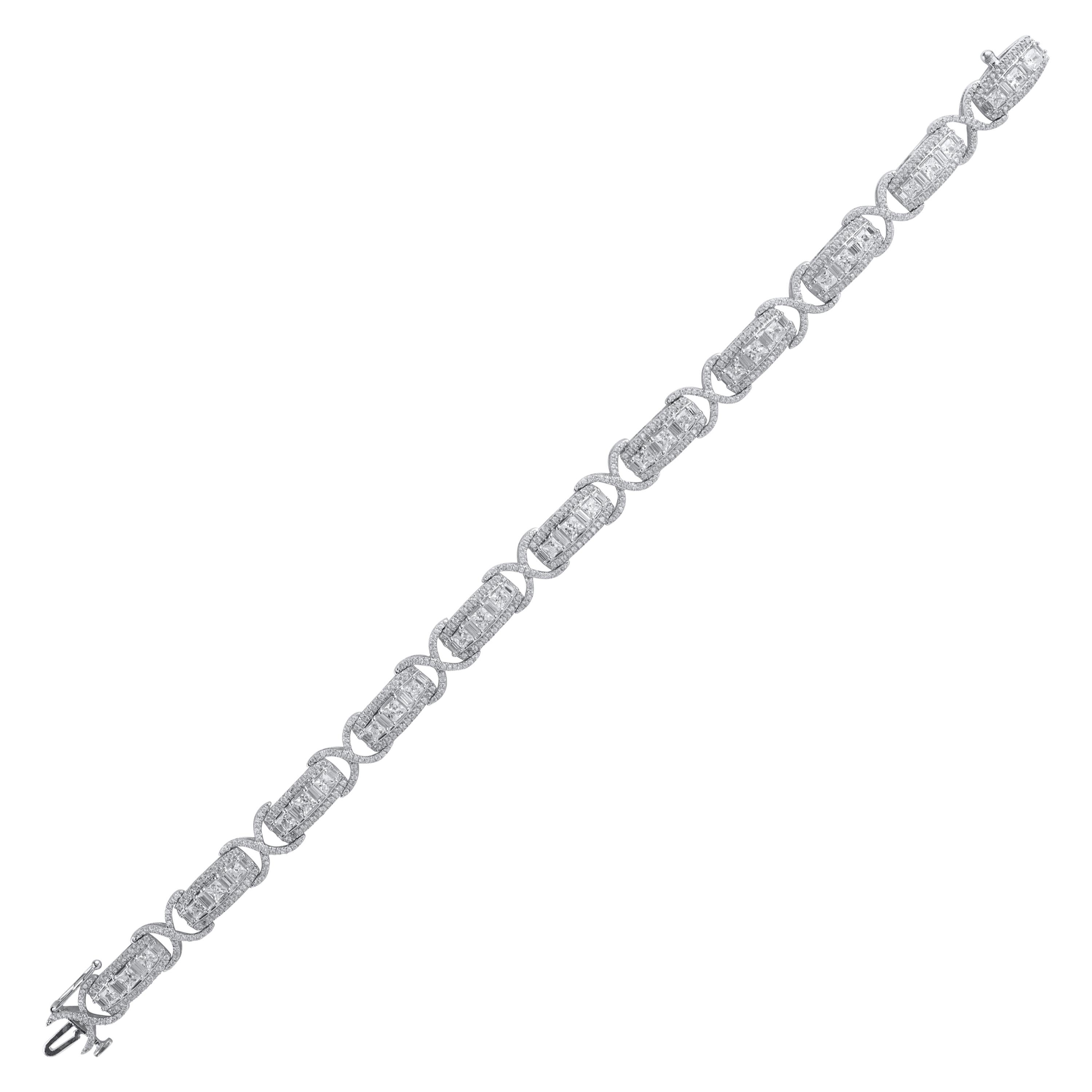TJD 5.0 CT Round/Baguette/Princess Diamond 14k White Gold Alternating X Bracelet
