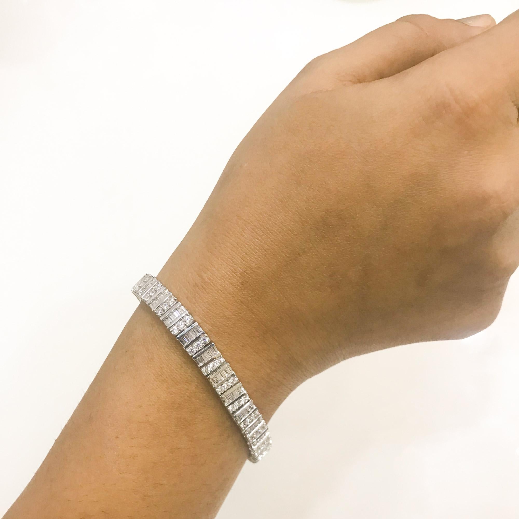Baguette Cut TJD 5.0 CTW Baguette and Round Cut Diamond 14KT White Gold Link Bracelet For Sale
