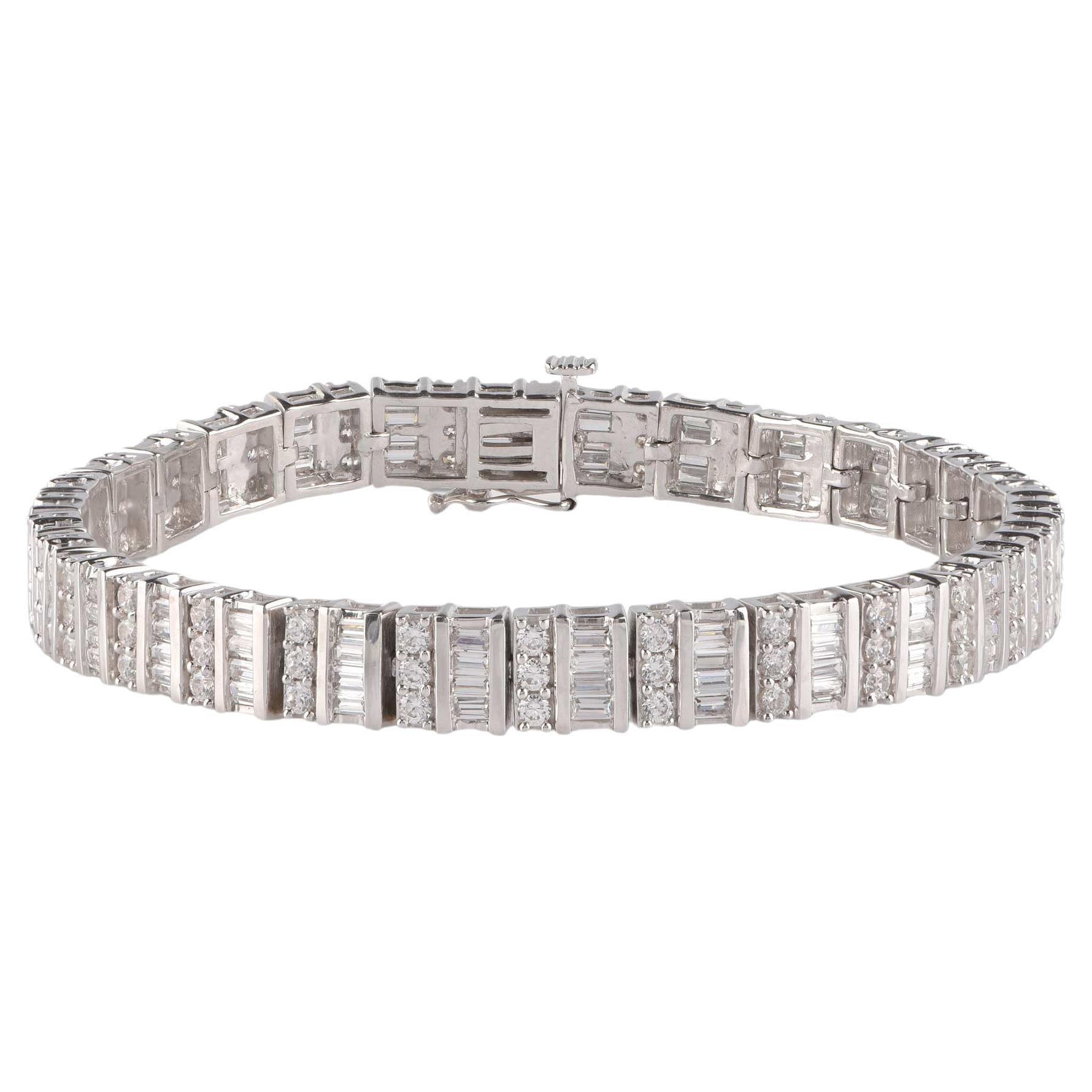 Bracelet à maillons en or blanc 14 carats avec diamants taille baguette et ronde de 5,0 carats TJD en vente
