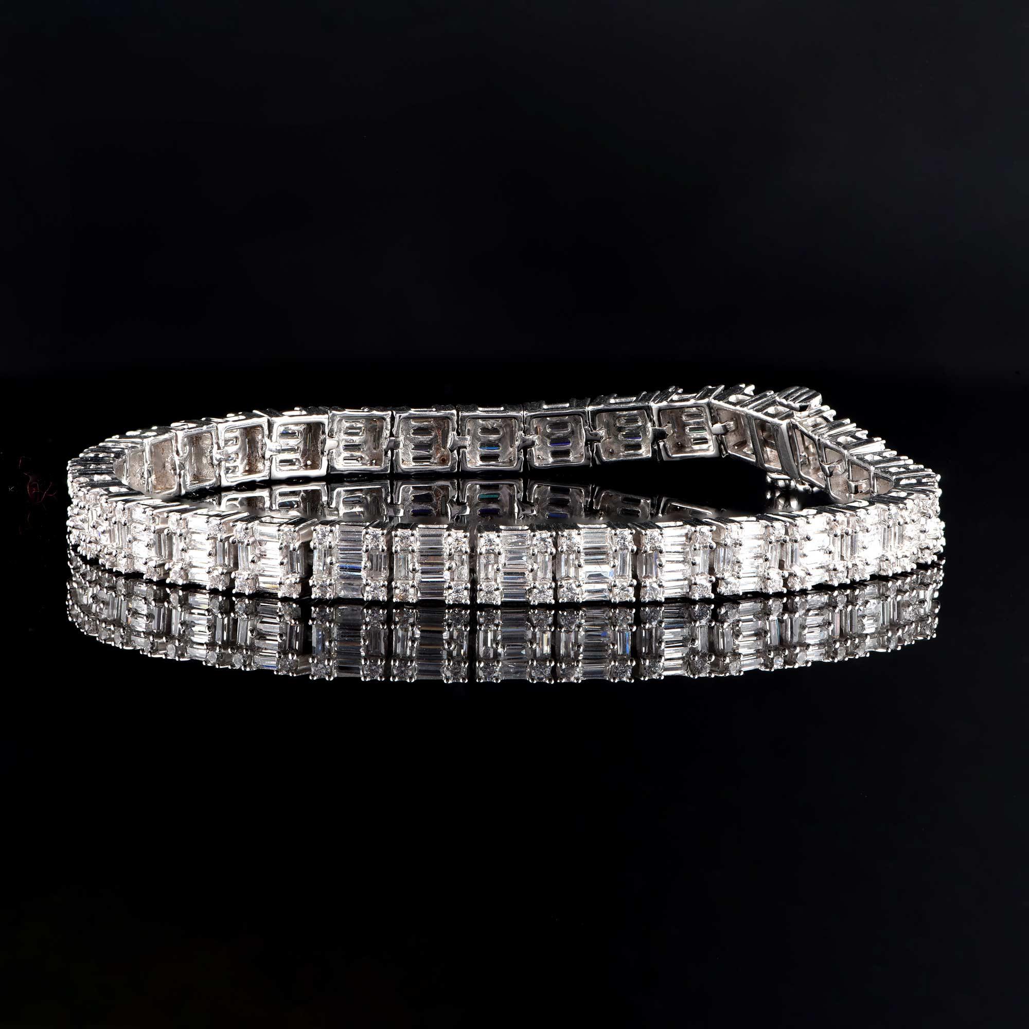 Contemporary TJD 5.00 Carat Round and Baguette Diamond 18 Karat White Gold Quad Bracelet For Sale