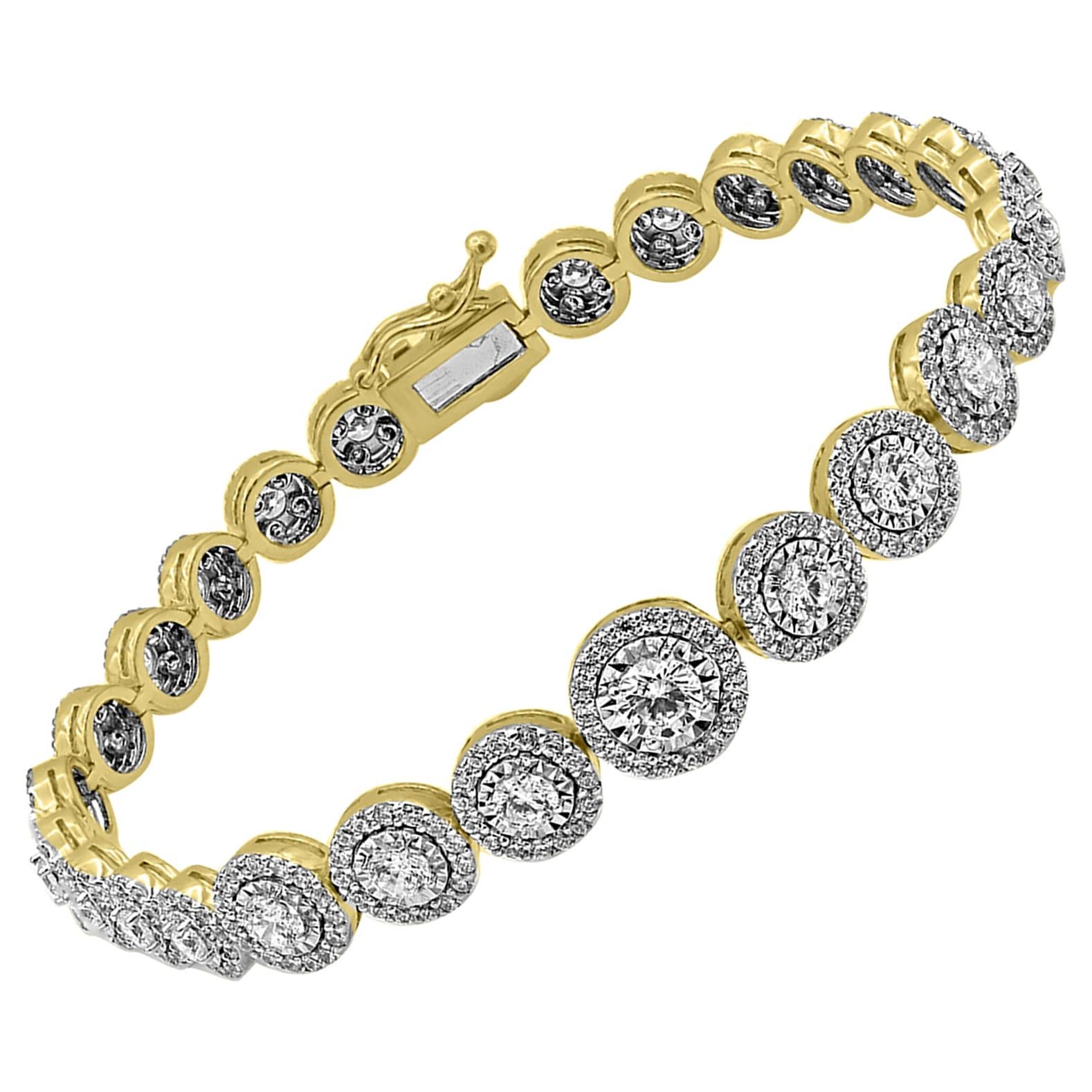 TJD 5.00 Carat Round Diamond 14 Karat Yellow Gold Halo Cluster Tennis Bracelet For Sale