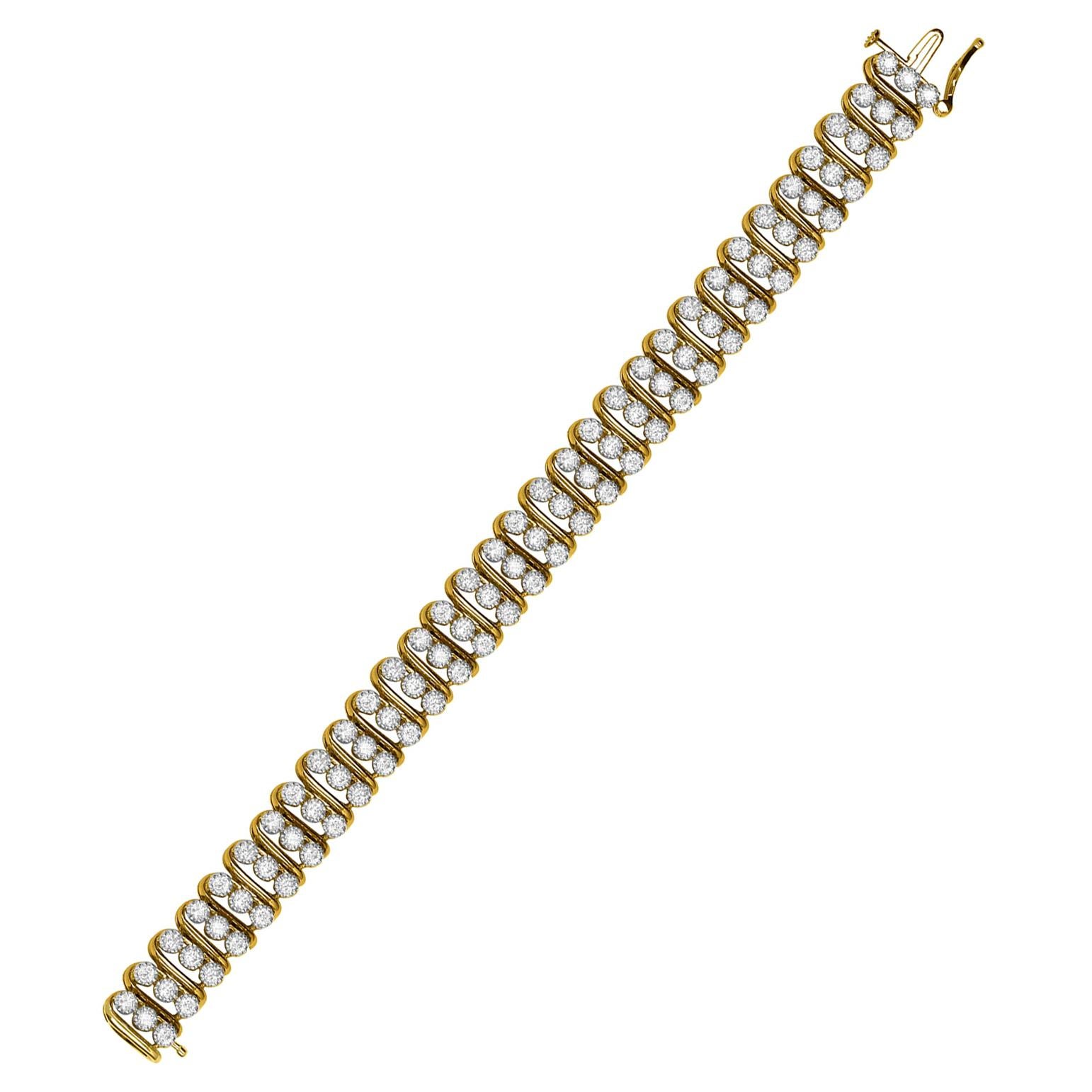 TJD 5.00 Carat Round Diamond 14K Yellow Gold Cascading Style "S" Tennis Bracelet For Sale