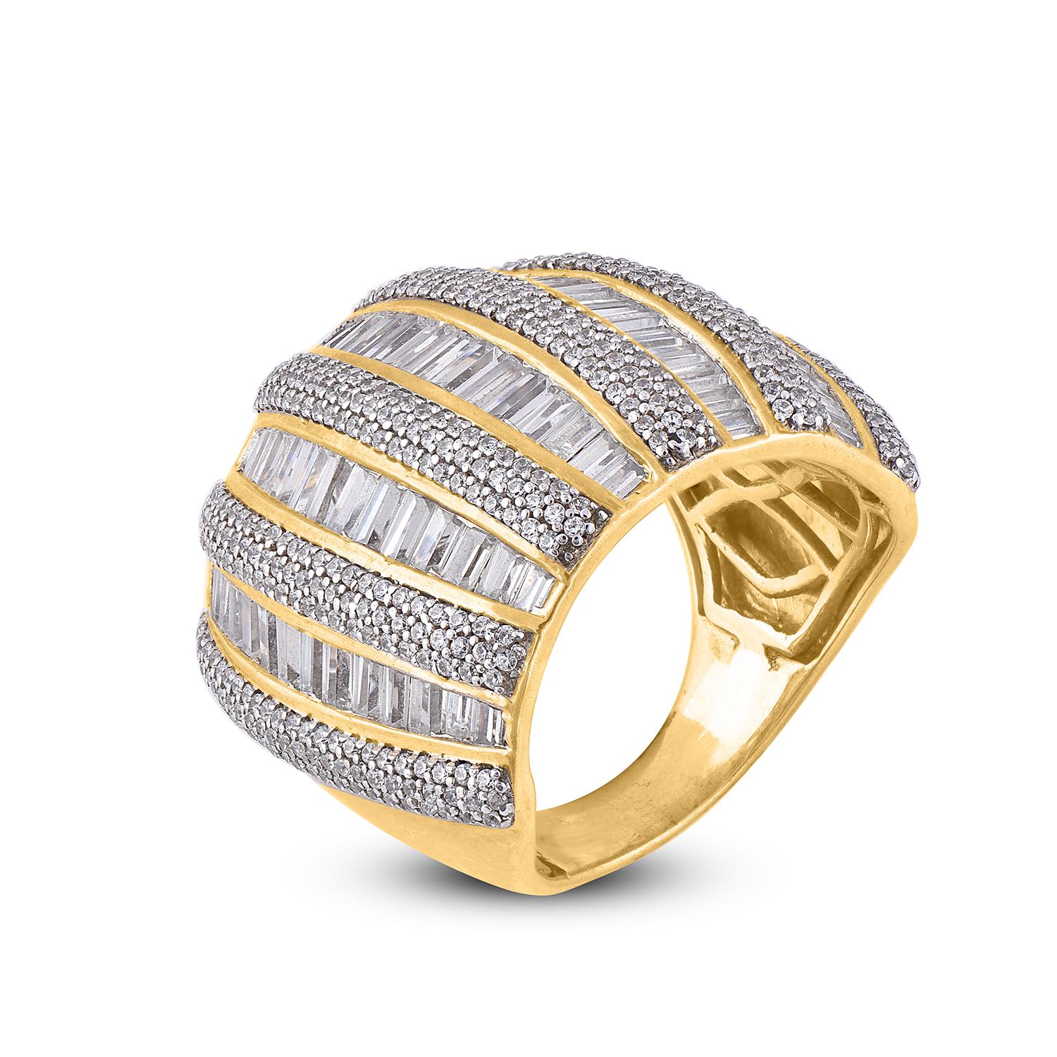 This Designer diamond wedding band ring is accentuated with 14 Karat yellow gold with 438 round and 66 baguette diamond beautifully set in prong and channel setting. The total diamond weight is 5.00 Carat and H-I color I2 Clarity.
