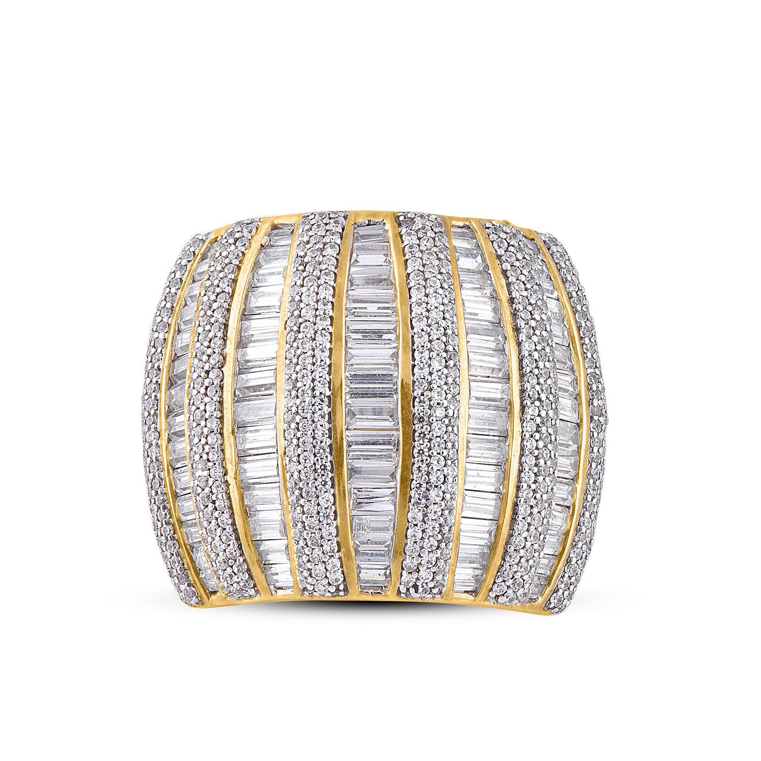 Art déco Bague designer en or jaune 14 carats avec diamants ronds et baguettes de 5,00 carats TJD en vente