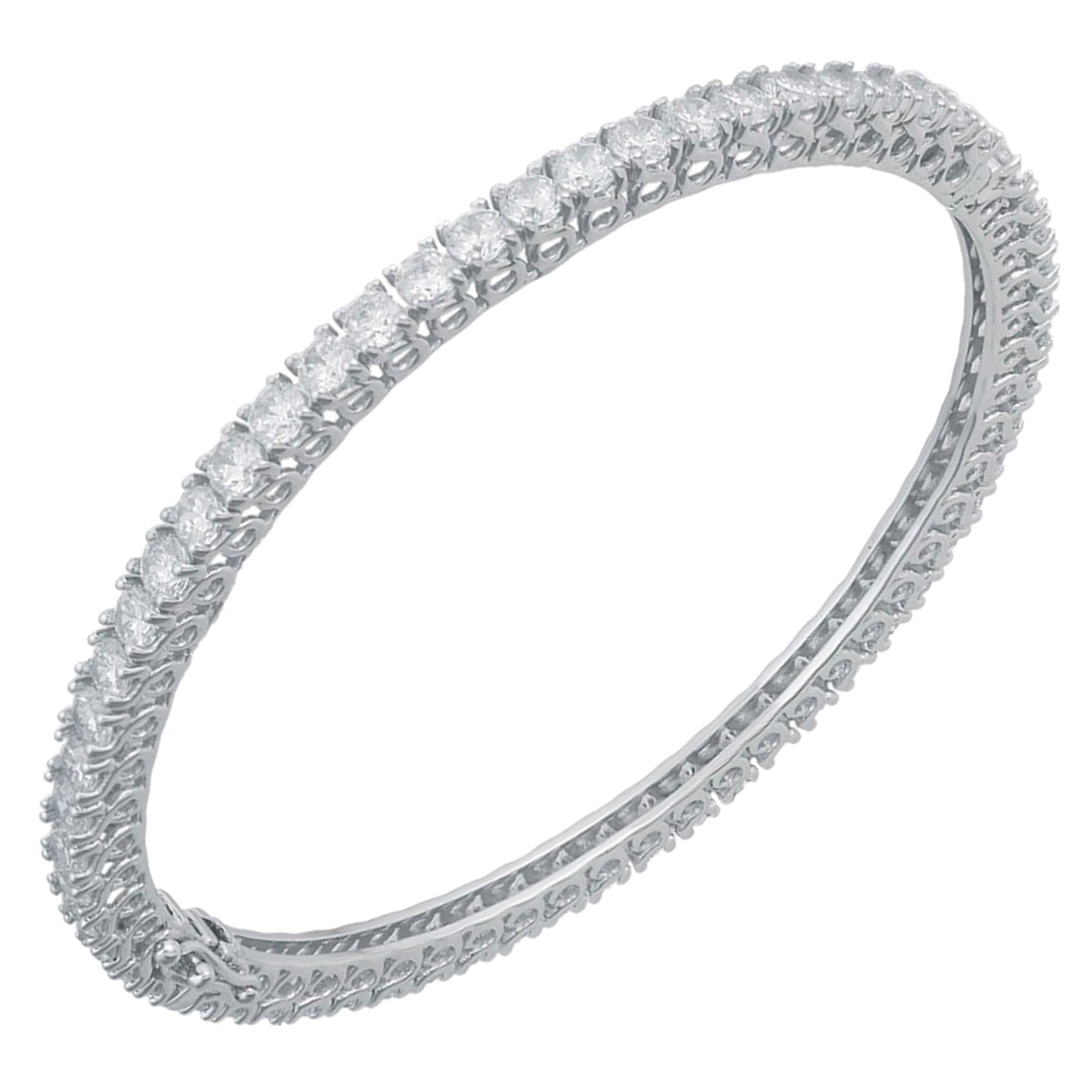 TJD 9.00 Carat Round Diamond 18K White Gold Classis Full Eternity Hinged Bangle For Sale