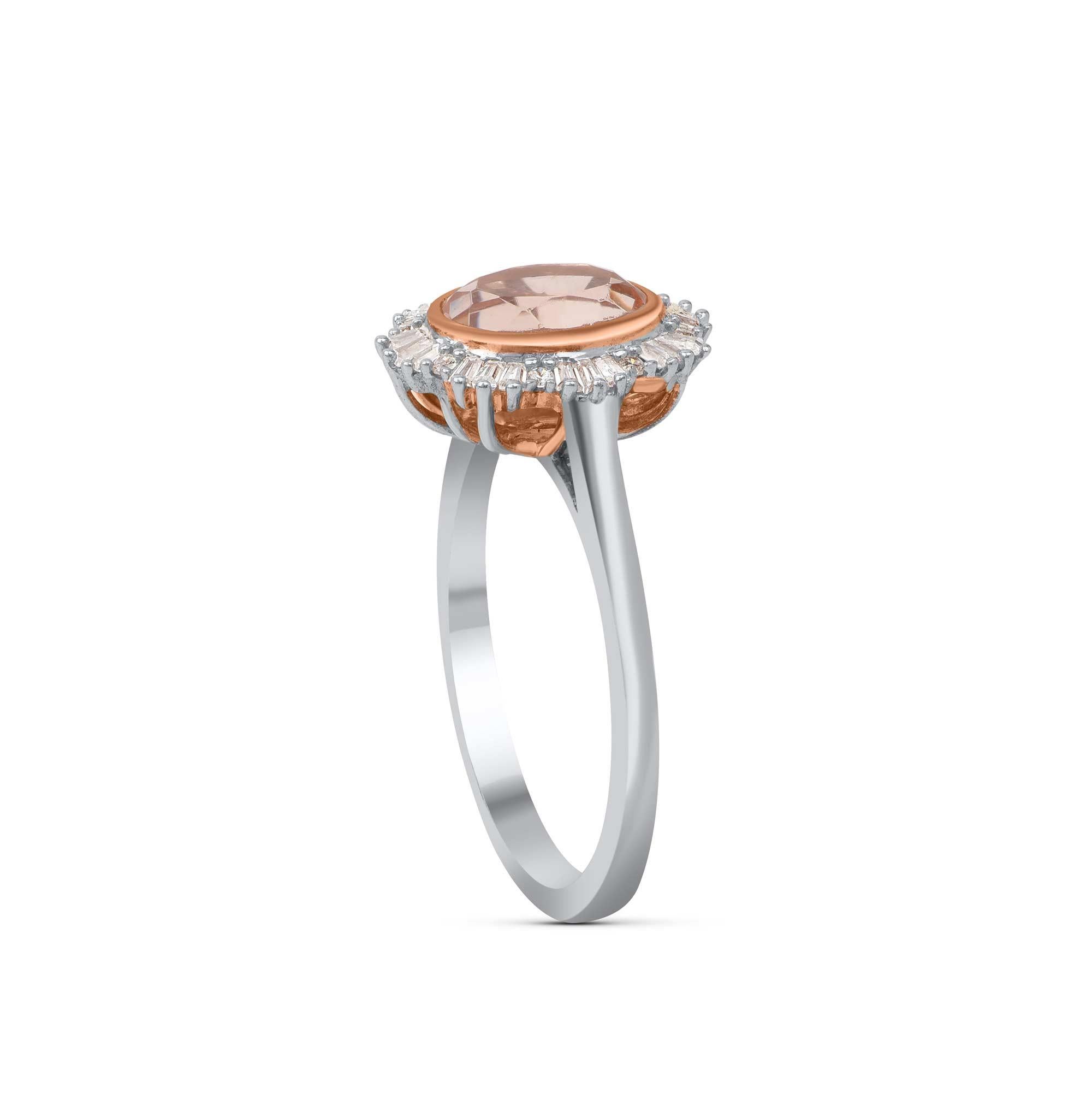 Dazzling with 8 brilliant, 24 baguette diamonds and 1 morganite gemstone elegantly set in prong setting and crafted beautifully in 18 KT rose gold. Diamonds are graded H-I Color, I2 Clarity. 

Metal color and ring size can be customized on request.