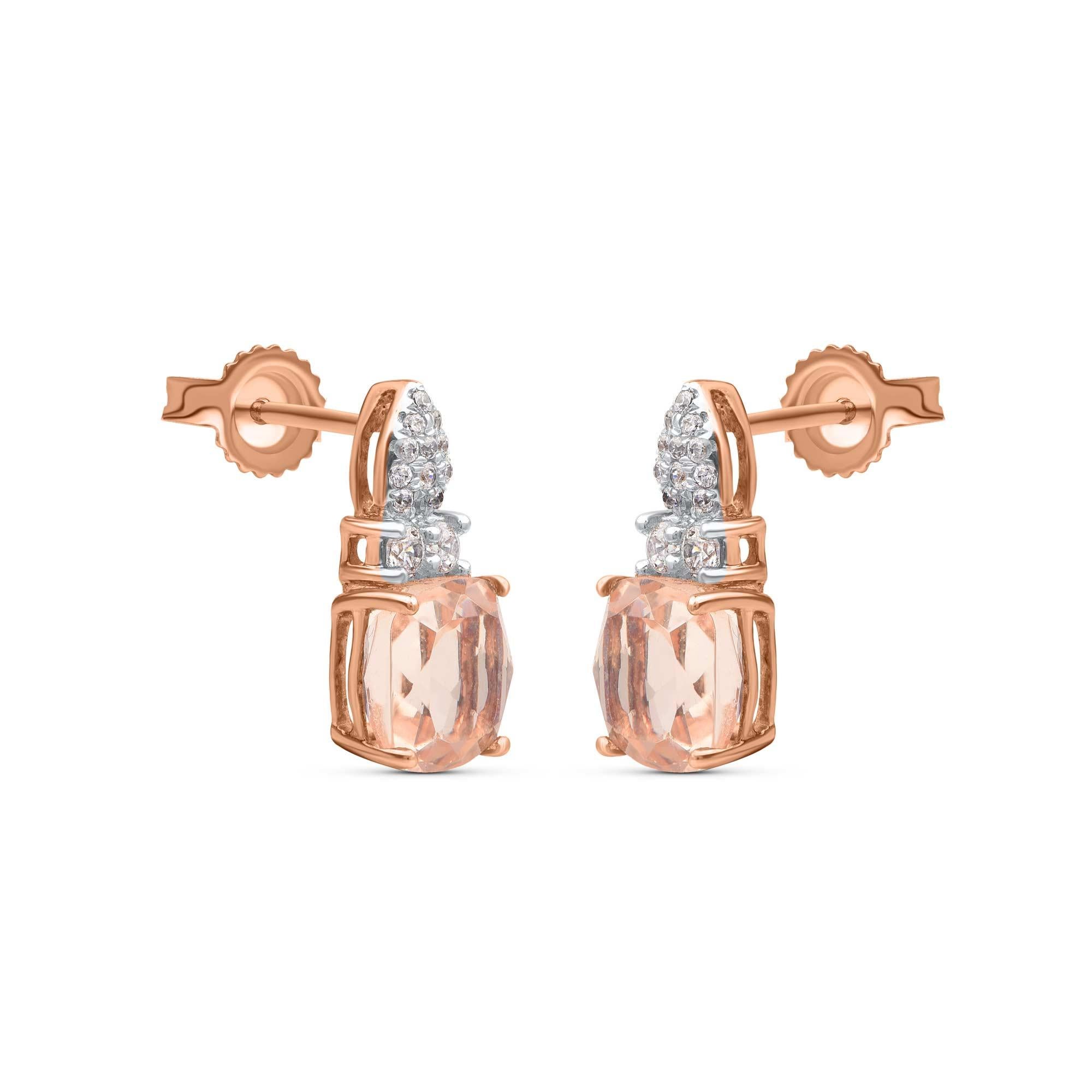 These morganite and diamond stud earrings are perfect for everyday wear. Expertly handcrafted in 18 KT rose gold and studded with 28 brilliant 2 natural morganite stone in prong setting. Diamonds are graded H-I Color, I2 Clarity. 

This piece is