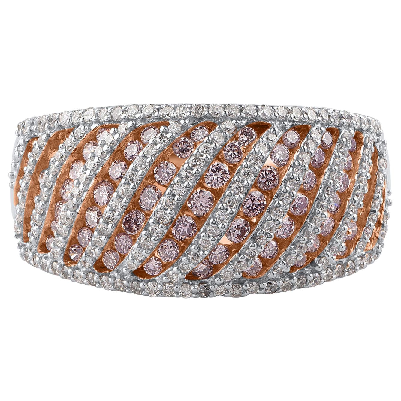 TJD 1.00 CT Natural Pink Rosé & White Diamond 18K White Gold Slant Fashion Ring