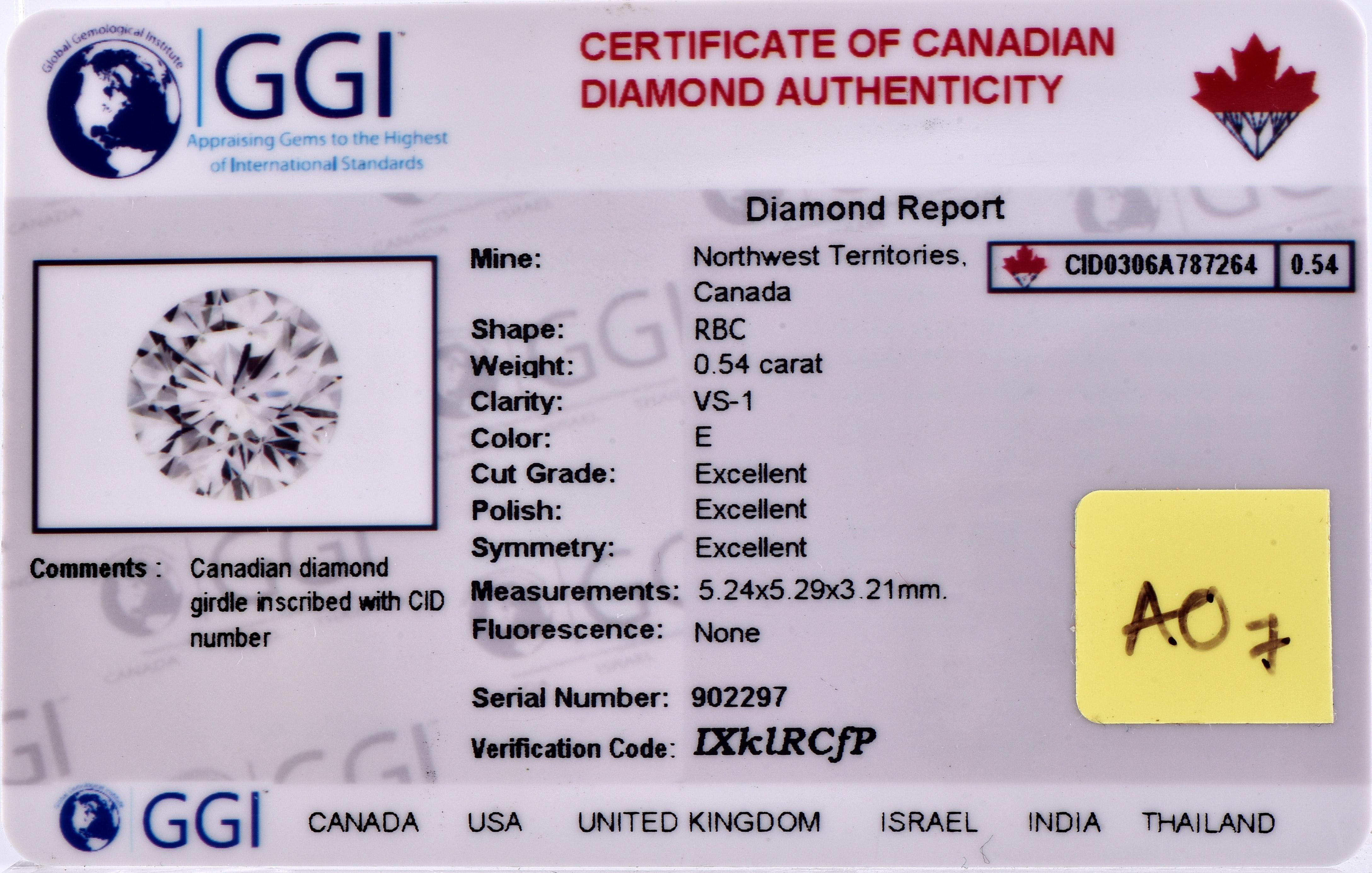 Diamant libre canadien certifié TJD, incolore, de 0,54 carat, taille ronde brillant Unisexe en vente