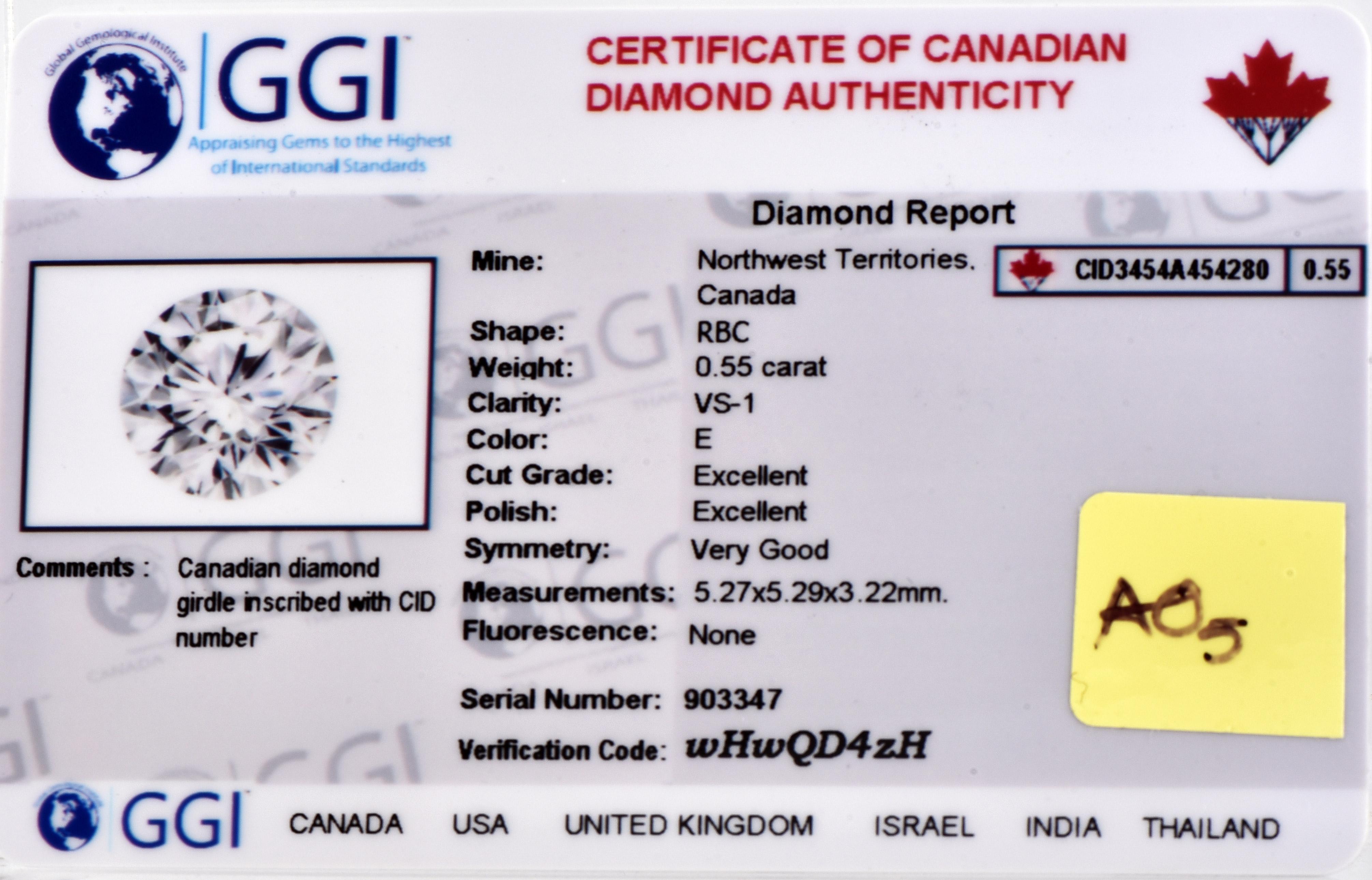 Women's or Men's TJD Certified Canadian Colourless 0.55 Carat Round Brilliant Cut Loose Diamond For Sale