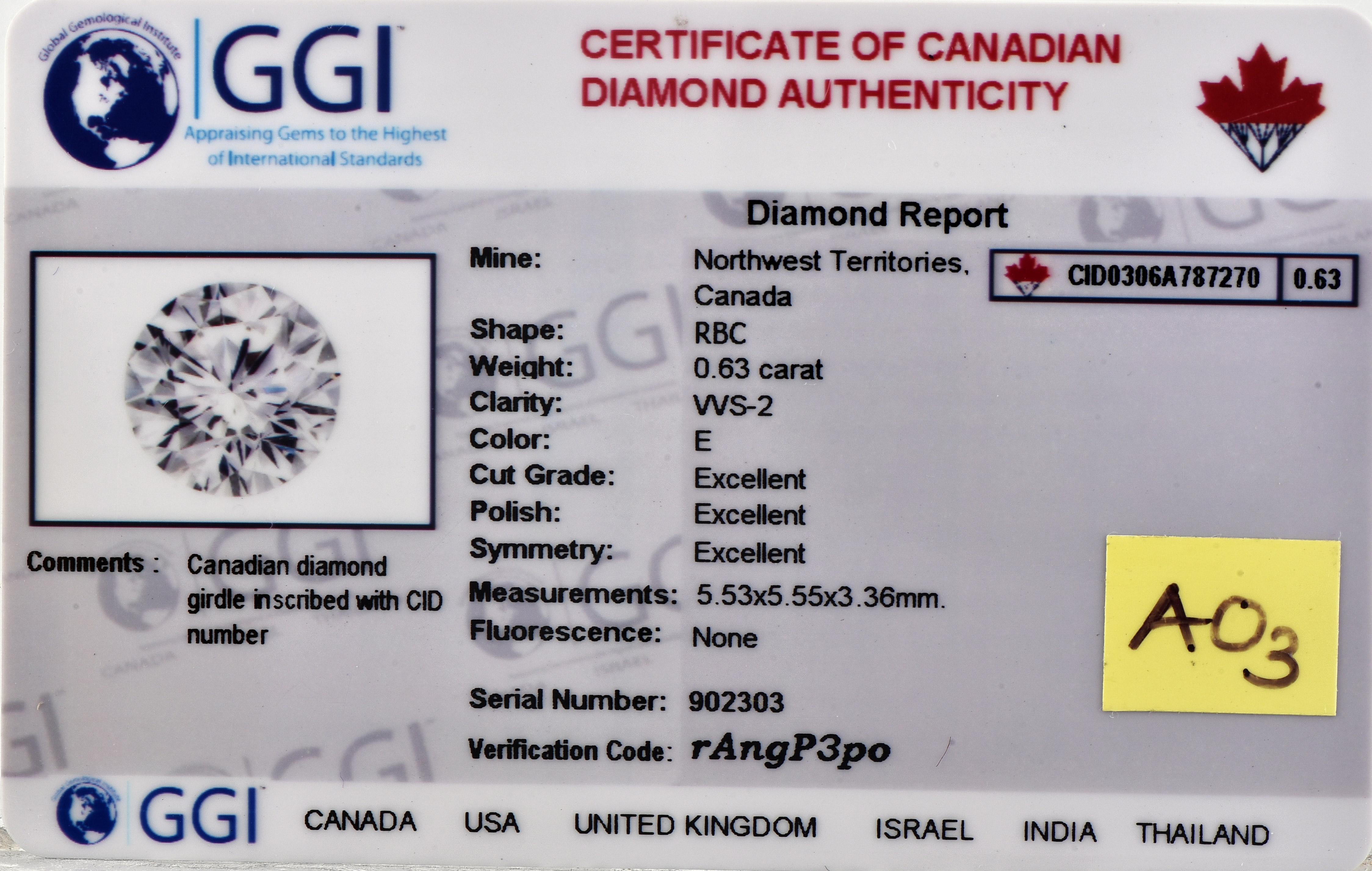 Diamant libre canadien certifié TJD, sans couleur, taille ronde brillant de 0,63 carat Neuf - En vente à New York, NY