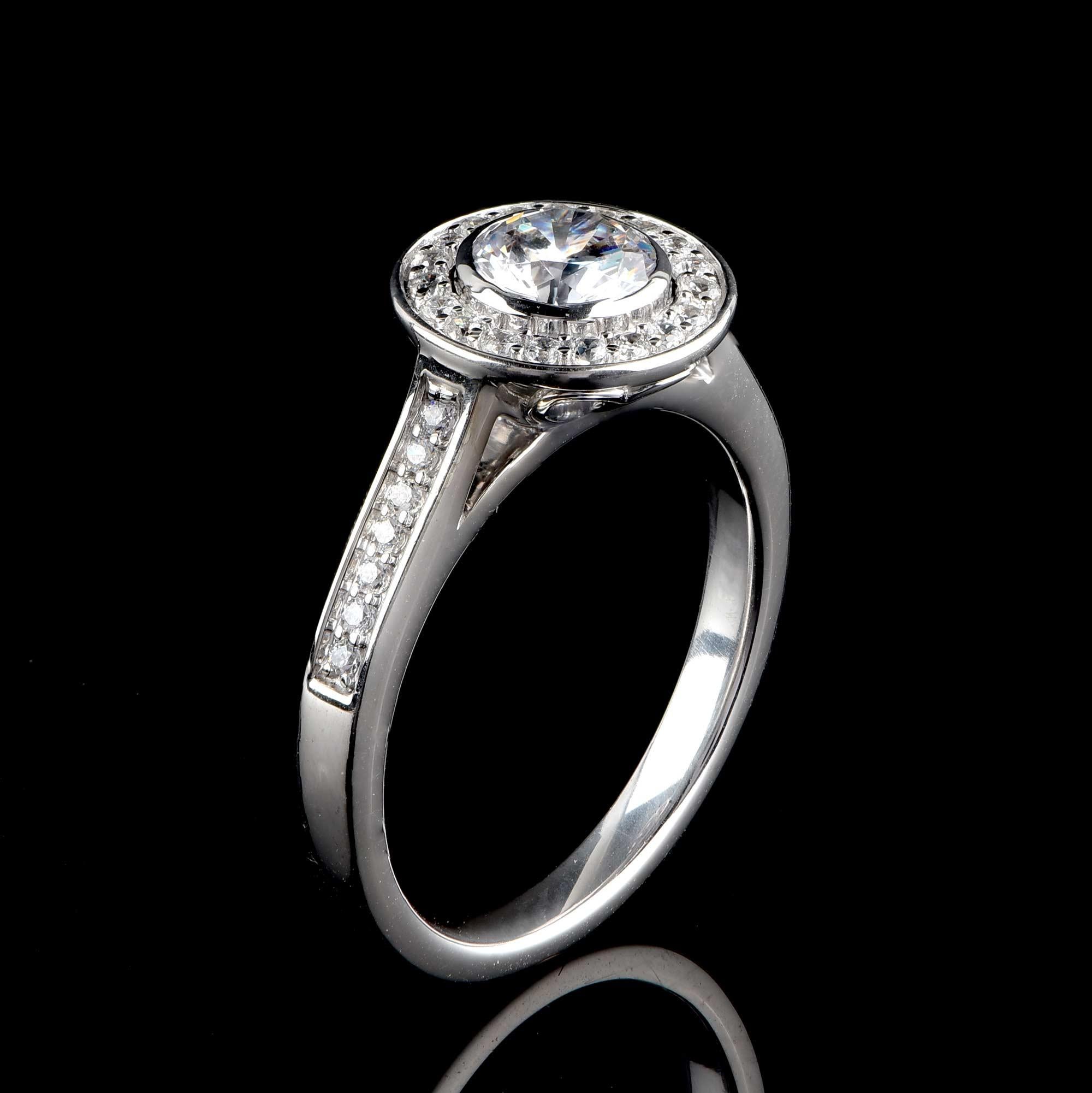 Round Cut TJD GIA Certified 1.00 Carat Diamond 18 Karat White Gold Halo Engagement Ring For Sale