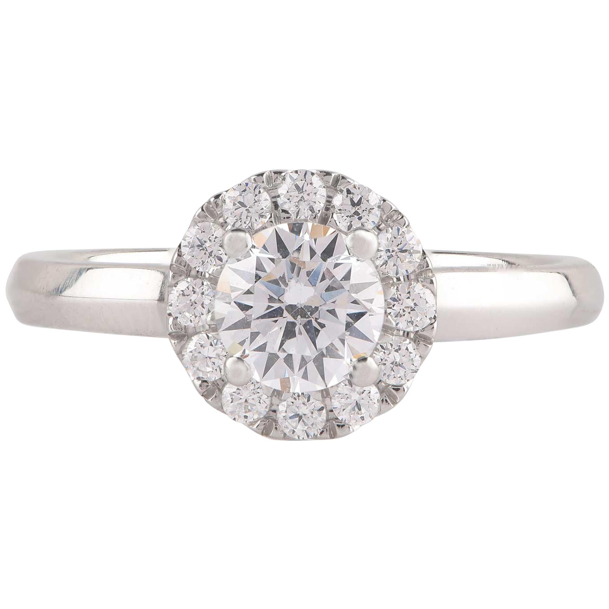TJD GIA Certified 1.00 Carat Diamond 18 Karat White Gold Halo Engagement Ring For Sale
