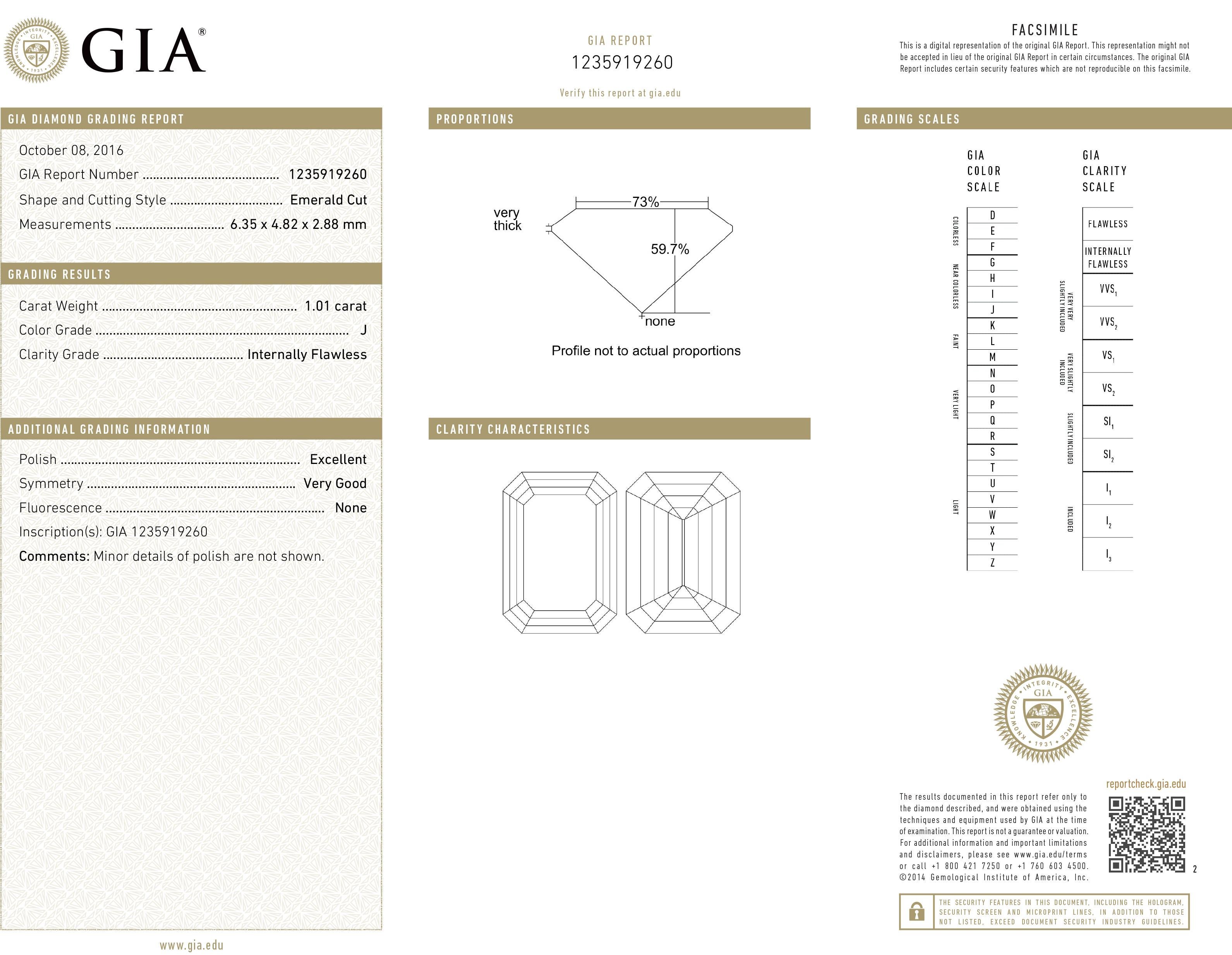 TJD GIA Certified 1,01 Carat Emerald Cut Loose Diamond, J Color IF ClarityTJD GI In condizioni Nuovo in vendita a New York, NY