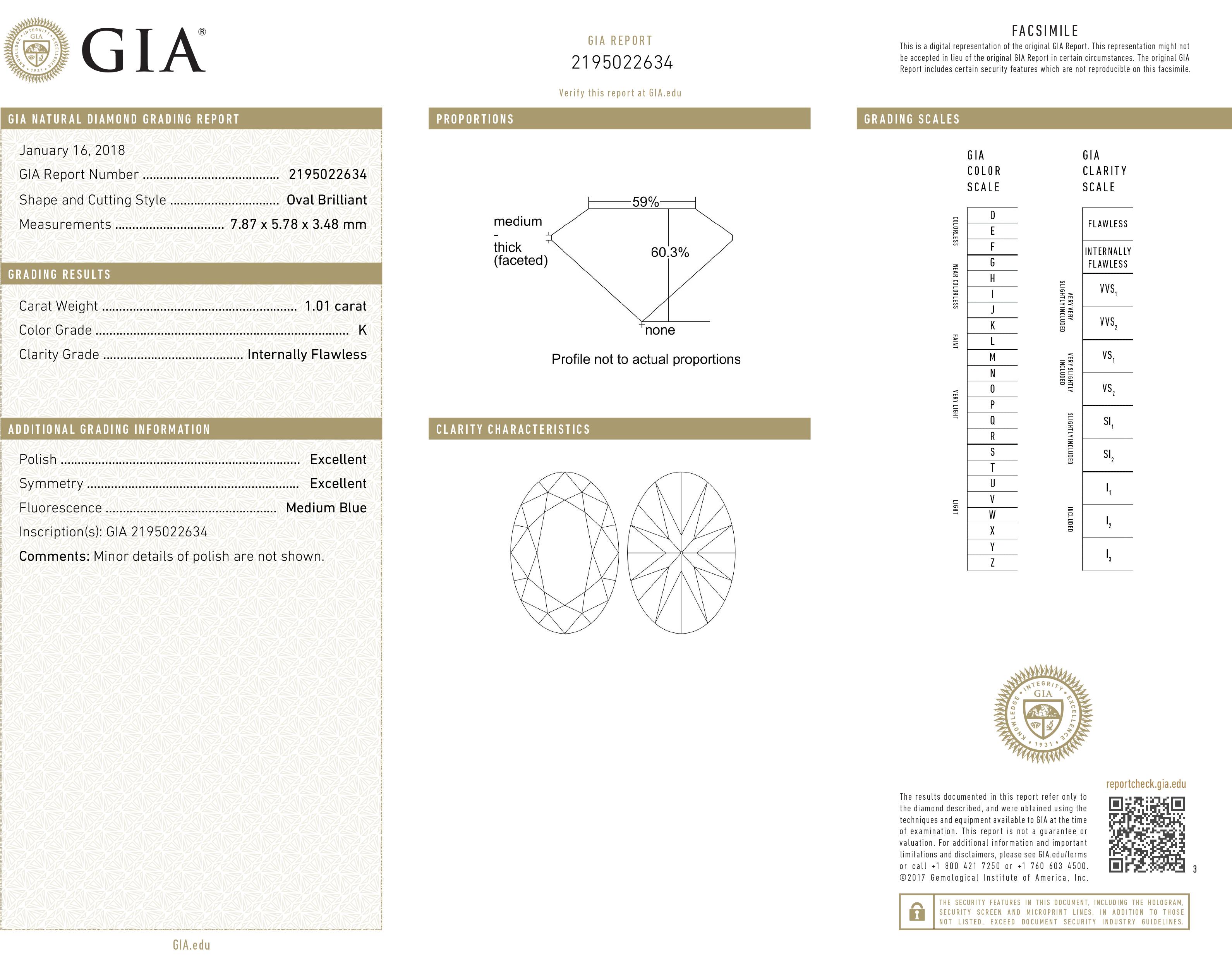 TJD GIA Certified 1.01 Carat Oval Brilliant Cut Loose Diamond Colore K IF Chiarezza In condizioni Nuovo in vendita a New York, NY