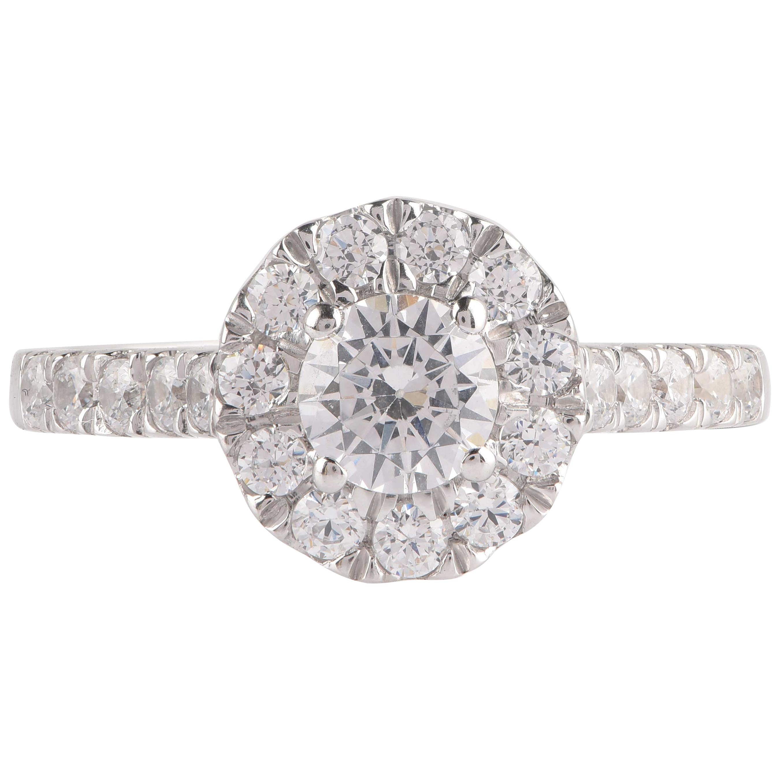 TJD GIA Certified 1.25 Carat Diamond 18 Karat White Gold Halo Engagement Ring For Sale