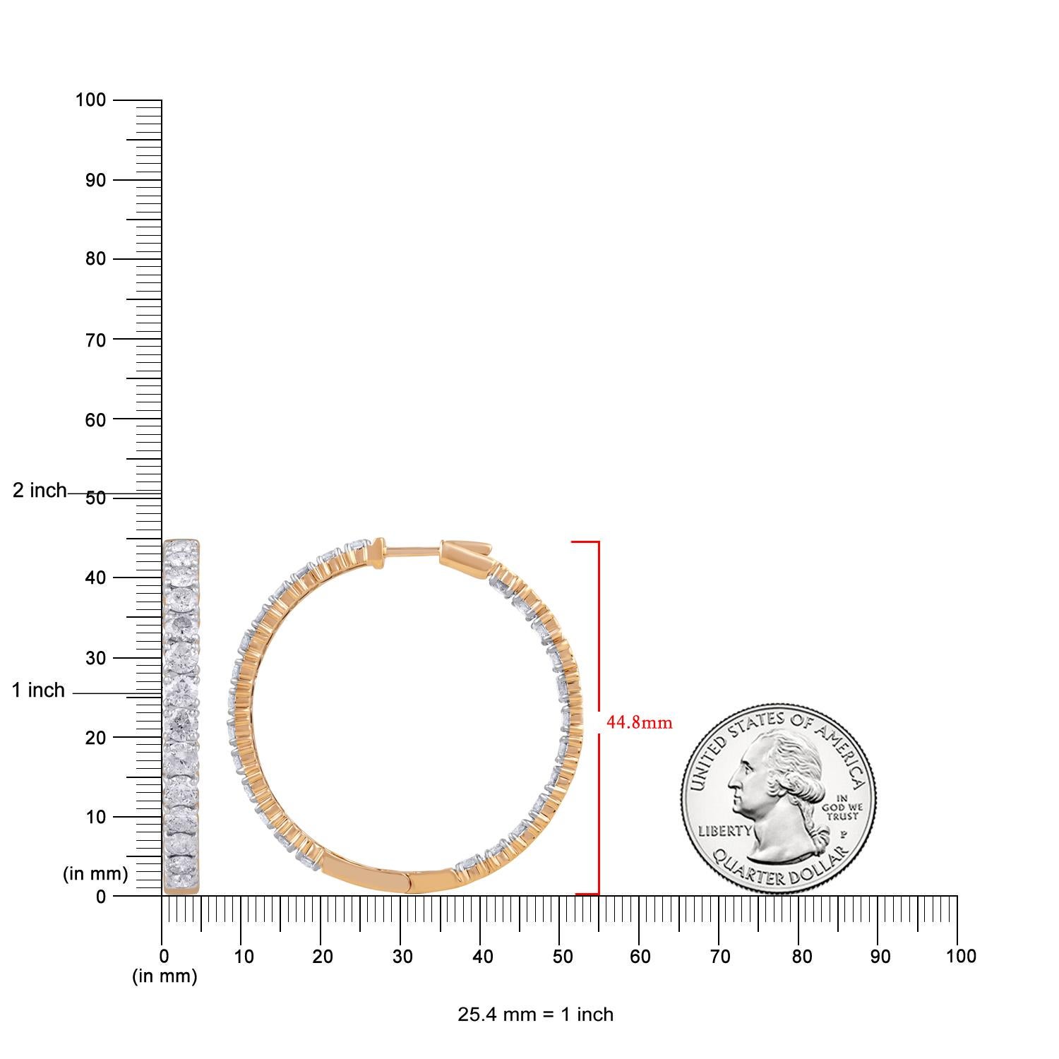 Round Cut TJD IGI Certified 10 Carat Inside Outside Diamond Hoop Earrings 14K Yellow Gold For Sale