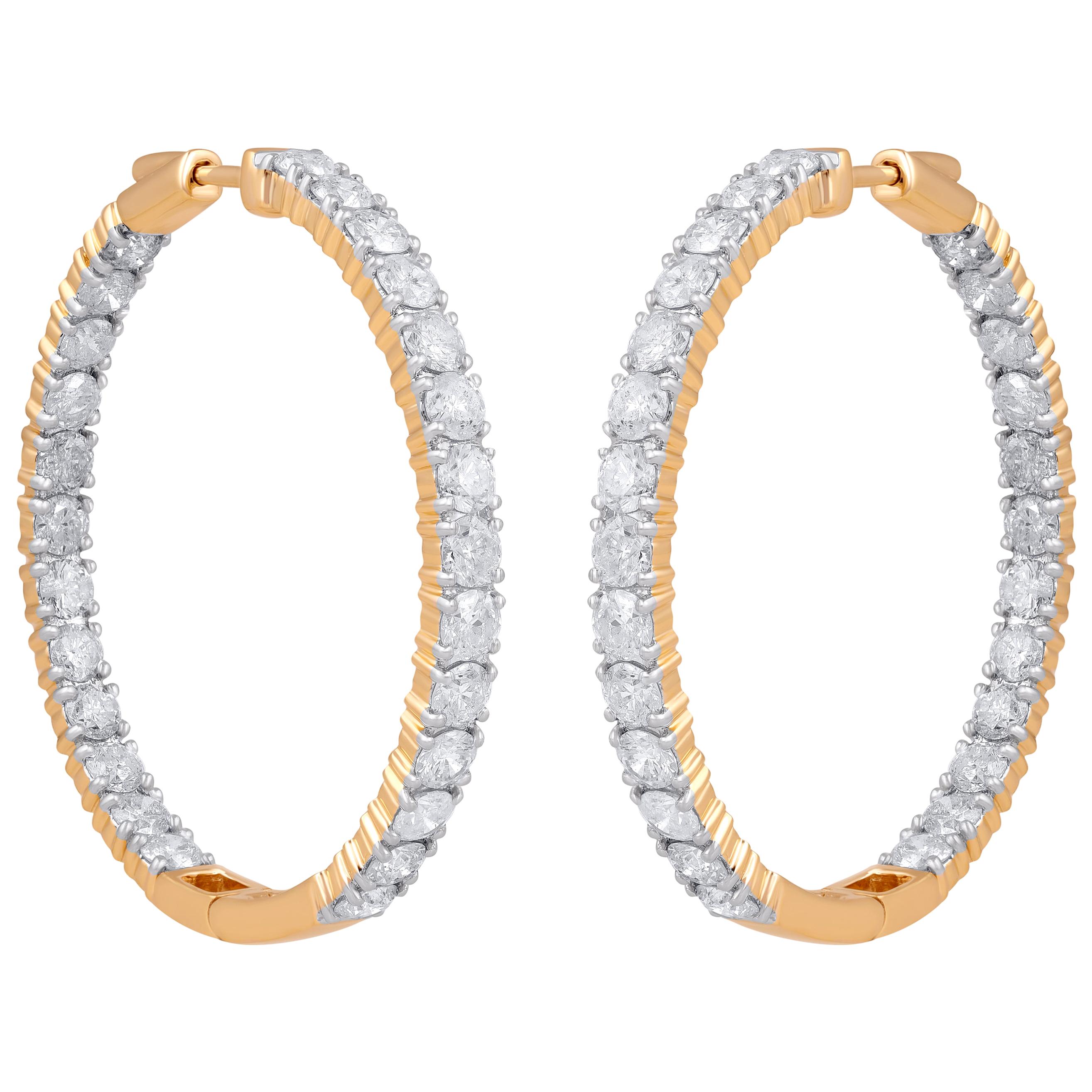 TJD IGI Certified 10 Carat Inside Outside Diamond Hoop Earrings 14K Yellow Gold For Sale