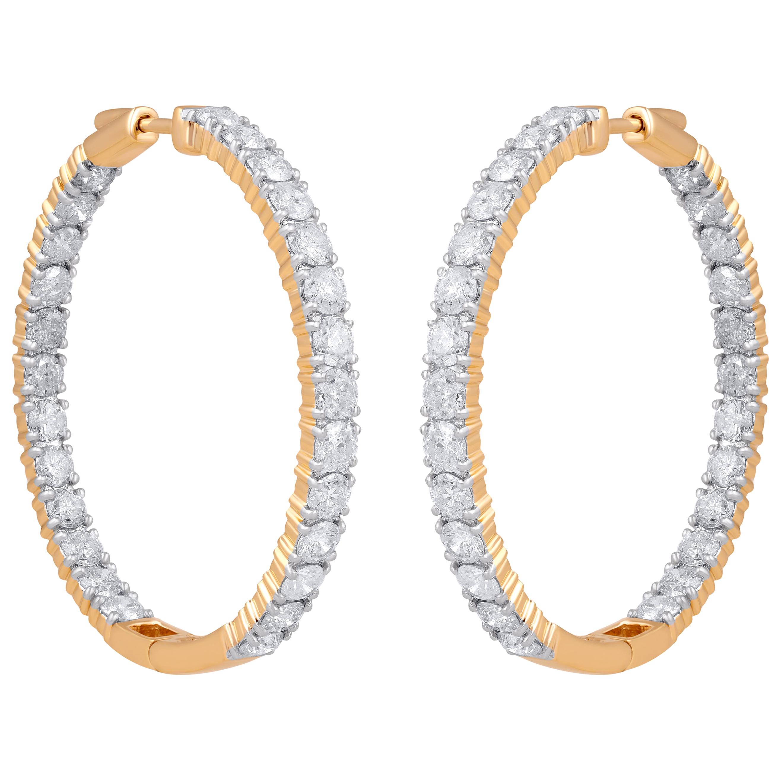 TJD IGI Certified 10 Carat Inside Outside Diamond Hoop Earrings 14K Yellow Gold For Sale