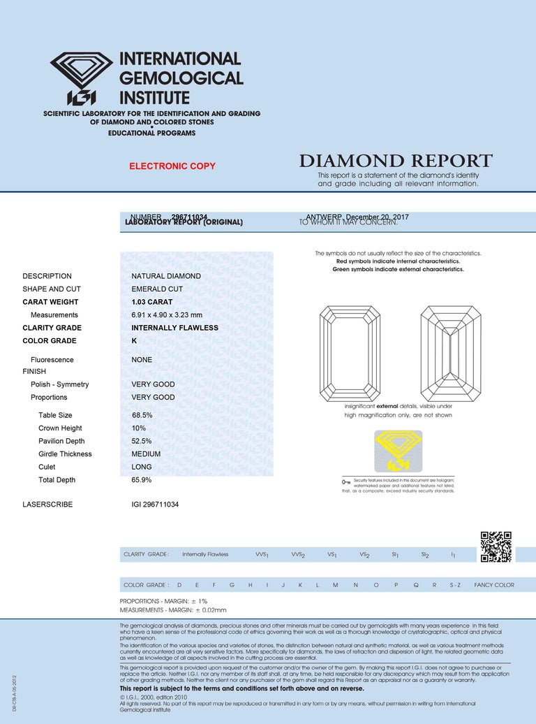 Women's or Men's TJD IGI Certified 1.03 Carat Emerald Cut Loose Diamond, K Color IF Clarity For Sale