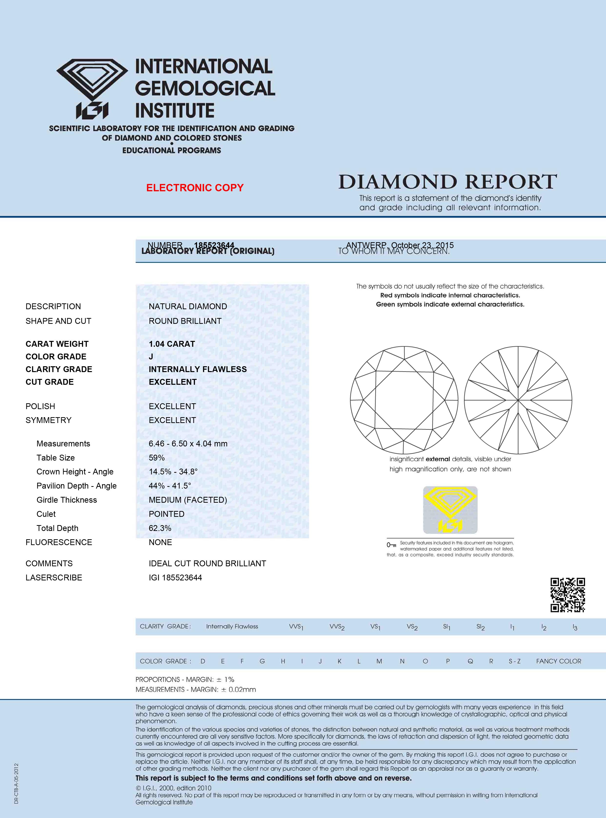 TJD IGI Certified 1.04Carat Round Brilliant Cut Loose Diamond J Color IF Clarity In condizioni Nuovo in vendita a New York, NY